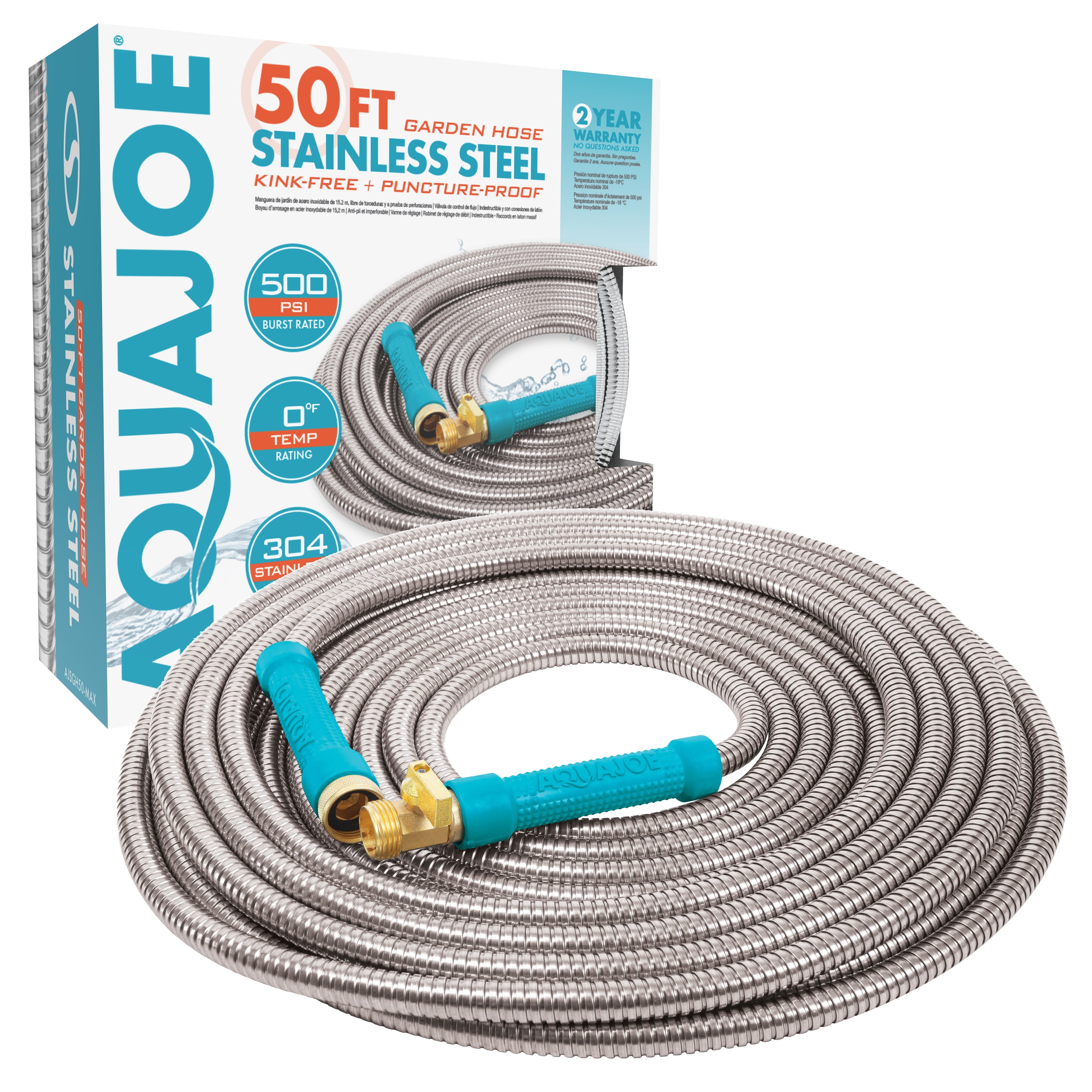 Aqua Joe 50-foot heavy-duty metal garden hose with packaging.