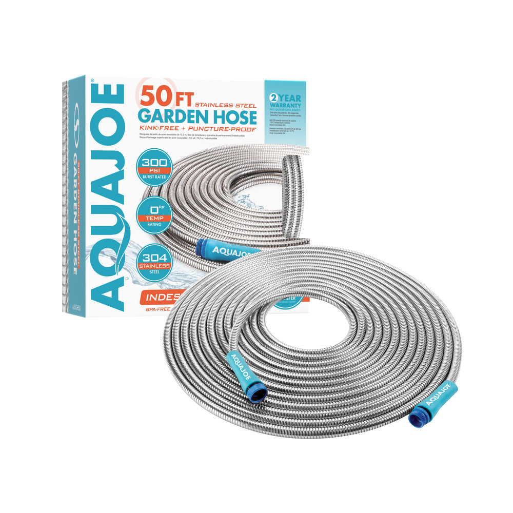 Aqua Joe 50-foot Heavy-Duty Puncture Proof Kink-Free Metal Garden Hose with packaging.