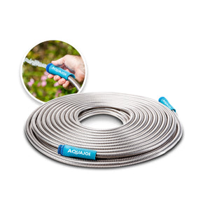 Aqua Joe Metal Garden Hose with insiet image of product in use