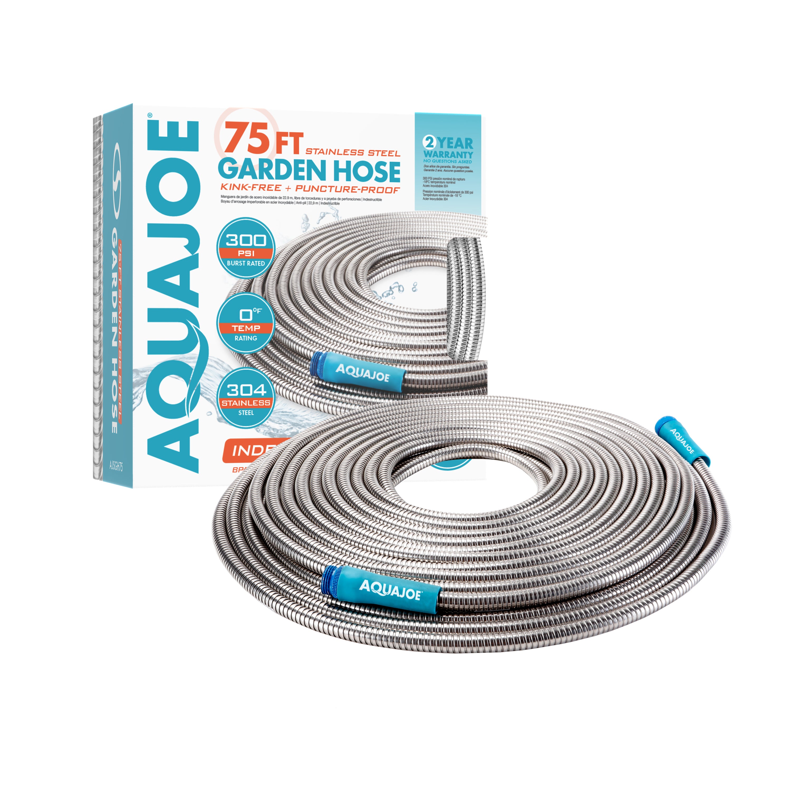 Aqua Joe 75-foot Heavy-Duty Puncture Proof Kink-Free Metal Garden Hose with packaging.