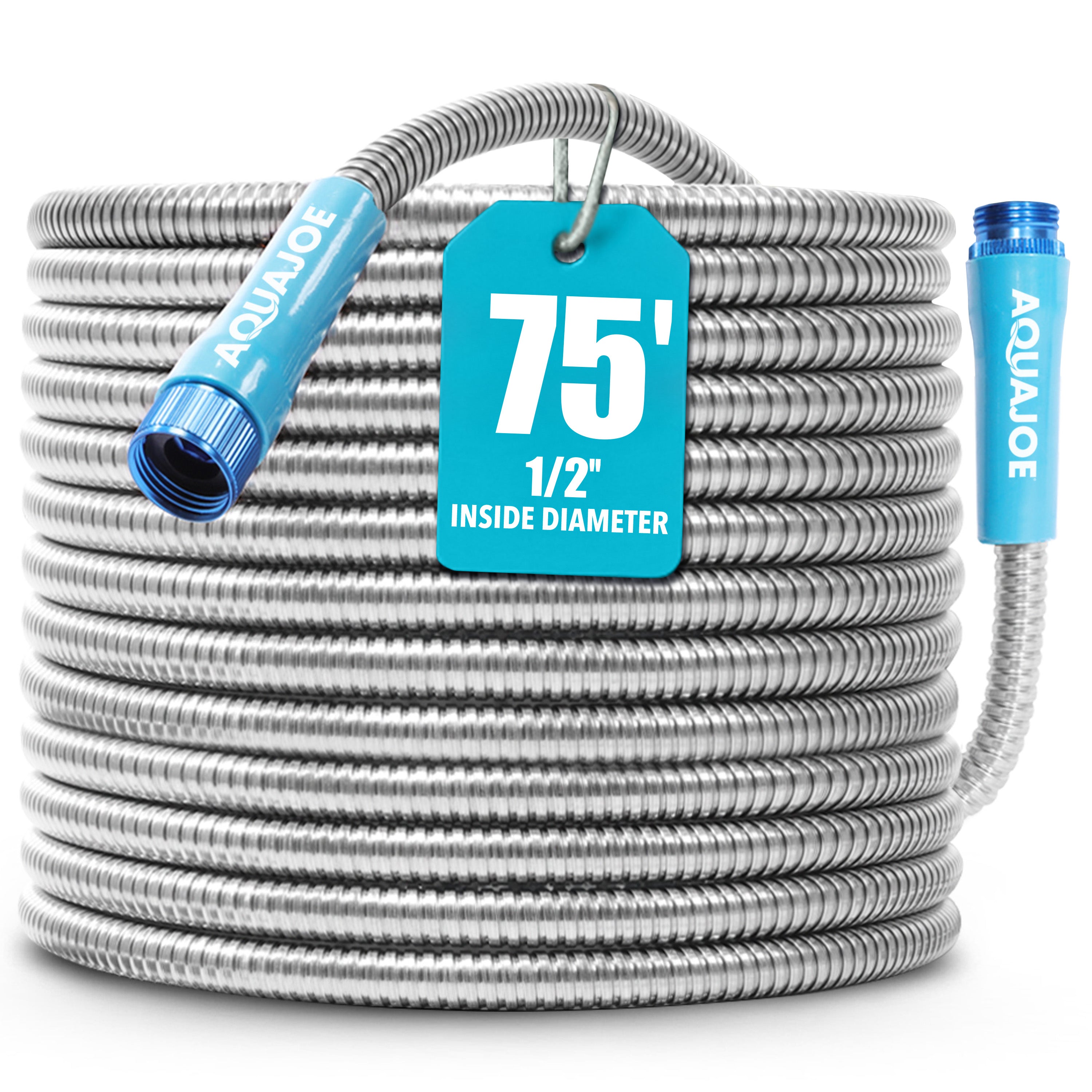 Aqua Joe AJSGH75 Heavy-Duty Puncture Proof Metal Garden Hose | 75-Foot | 304-Stainless Steel | Spiral Constructed | 1/2-Inch Diameter