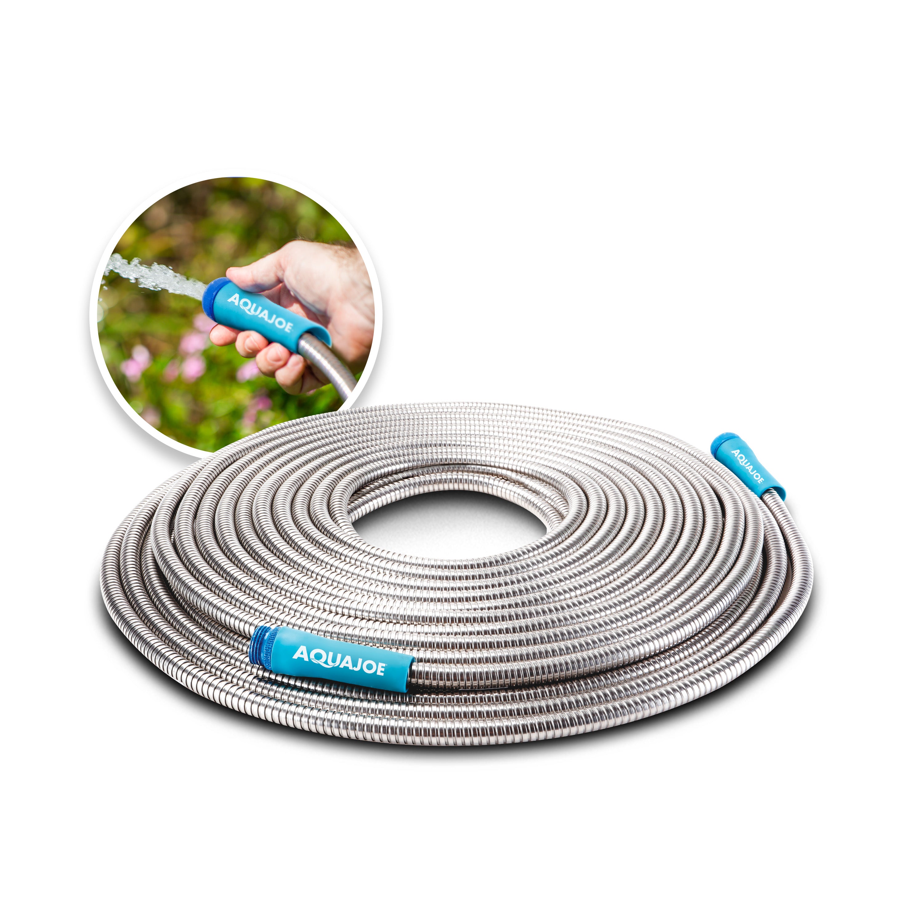 Aqua Joe Metal Garden Hose with inset image of product in action