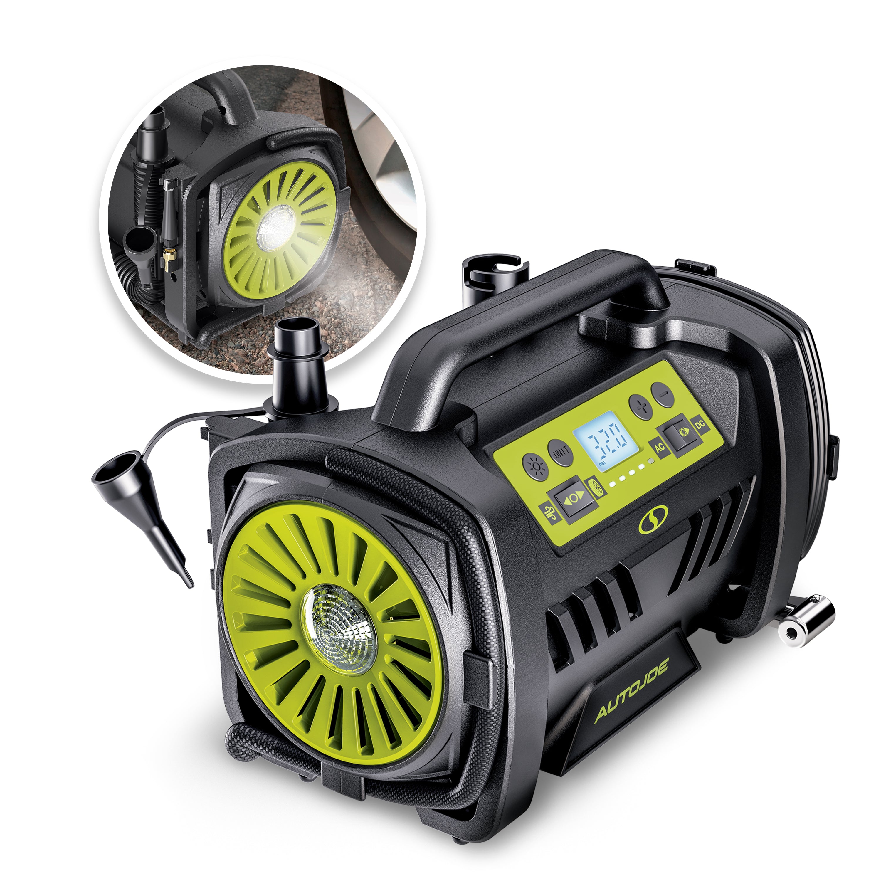 Auto Joe Hybrid 12-Volt/120-Volt AC High Volume Tire Inflator/Deflator | w/ Digital Pressure Gauge, Tire Air Chuck Adaptor, Sports Pin, General Inflatable Valve, & Auto Shut off | High Volume Output/Input