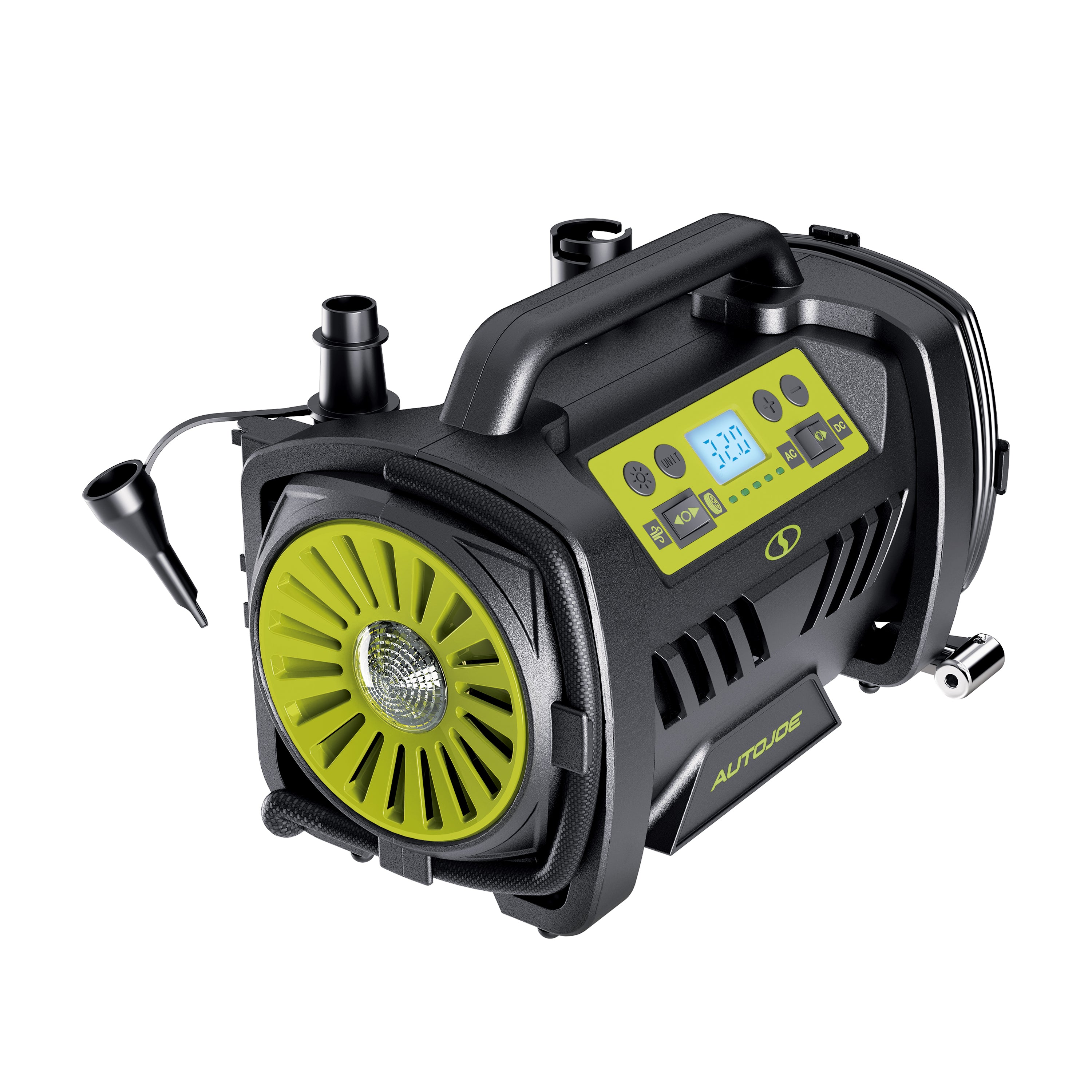 Auto Joe Hybrid 12-Volt/120-Volt AC High Volume Tire Inflator/Deflator | w/ Digital Pressure Gauge, Tire Air Chuck Adaptor, Sports Pin, General Inflatable Valve, & Auto Shut off | High Volume Output/Input