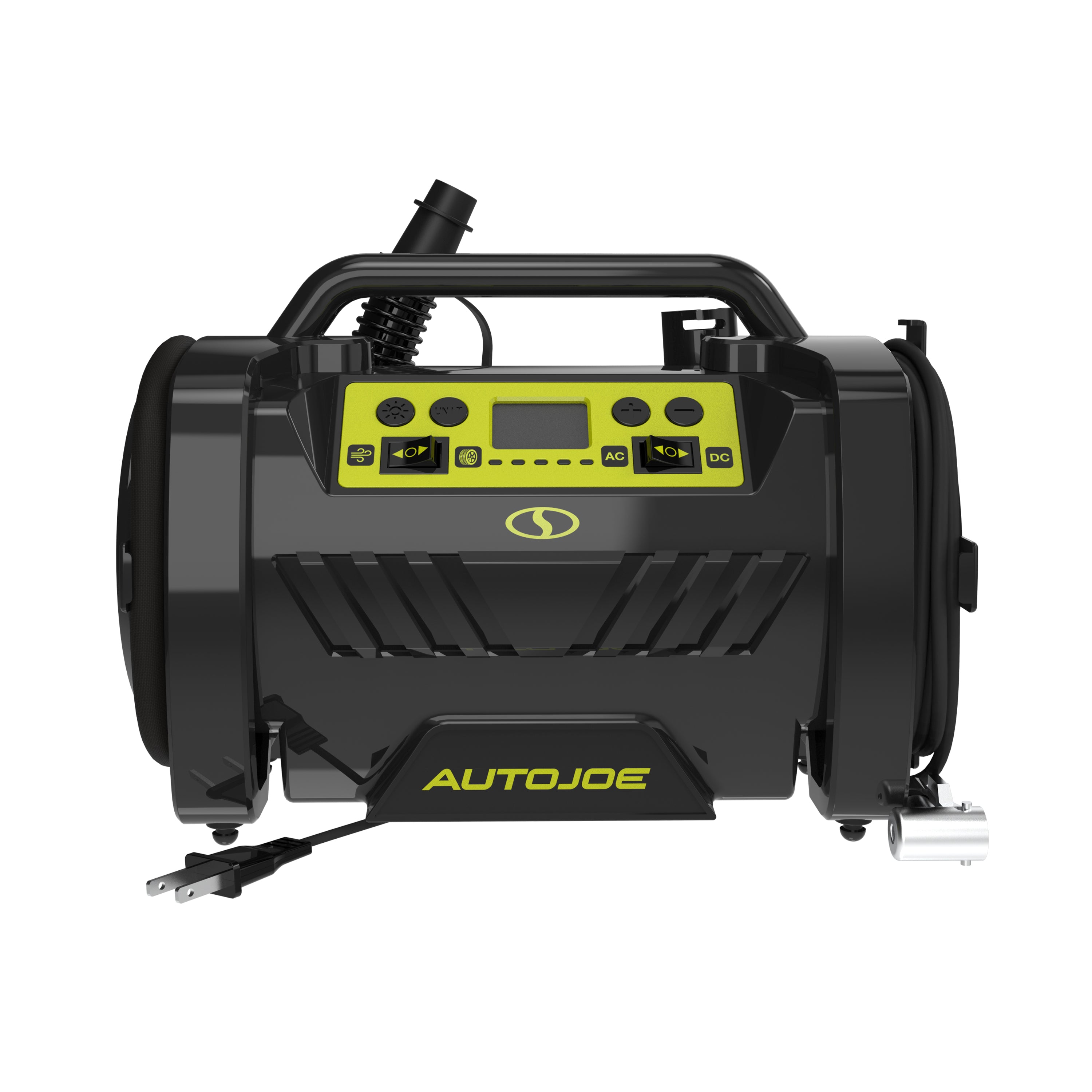 Auto Joe Hybrid 12-Volt/120-Volt AC High Volume Tire Inflator/Deflator | w/ Digital Pressure Gauge, Tire Air Chuck Adaptor, Sports Pin, General Inflatable Valve, & Auto Shut off | High Volume Output/Input