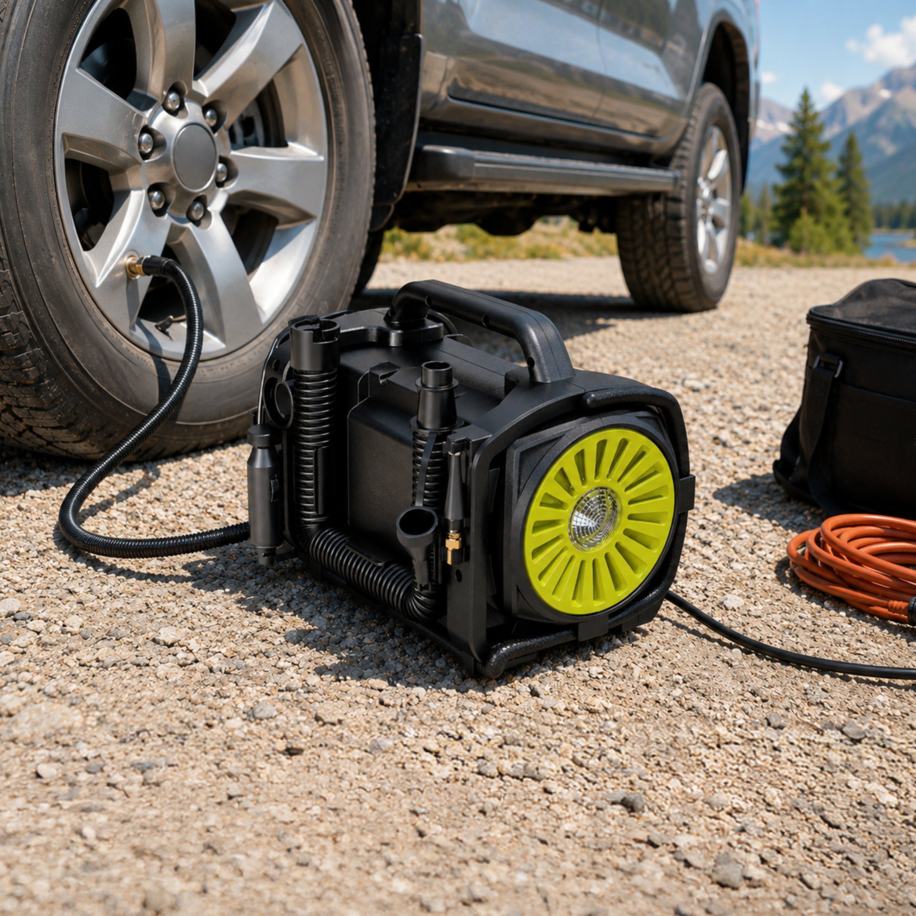 Auto Joe Hybrid 12-Volt/120-Volt AC High Volume Tire Inflator/Deflator | w/ Digital Pressure Gauge, Tire Air Chuck Adaptor, Sports Pin, General Inflatable Valve, & Auto Shut off | High Volume Output/Input