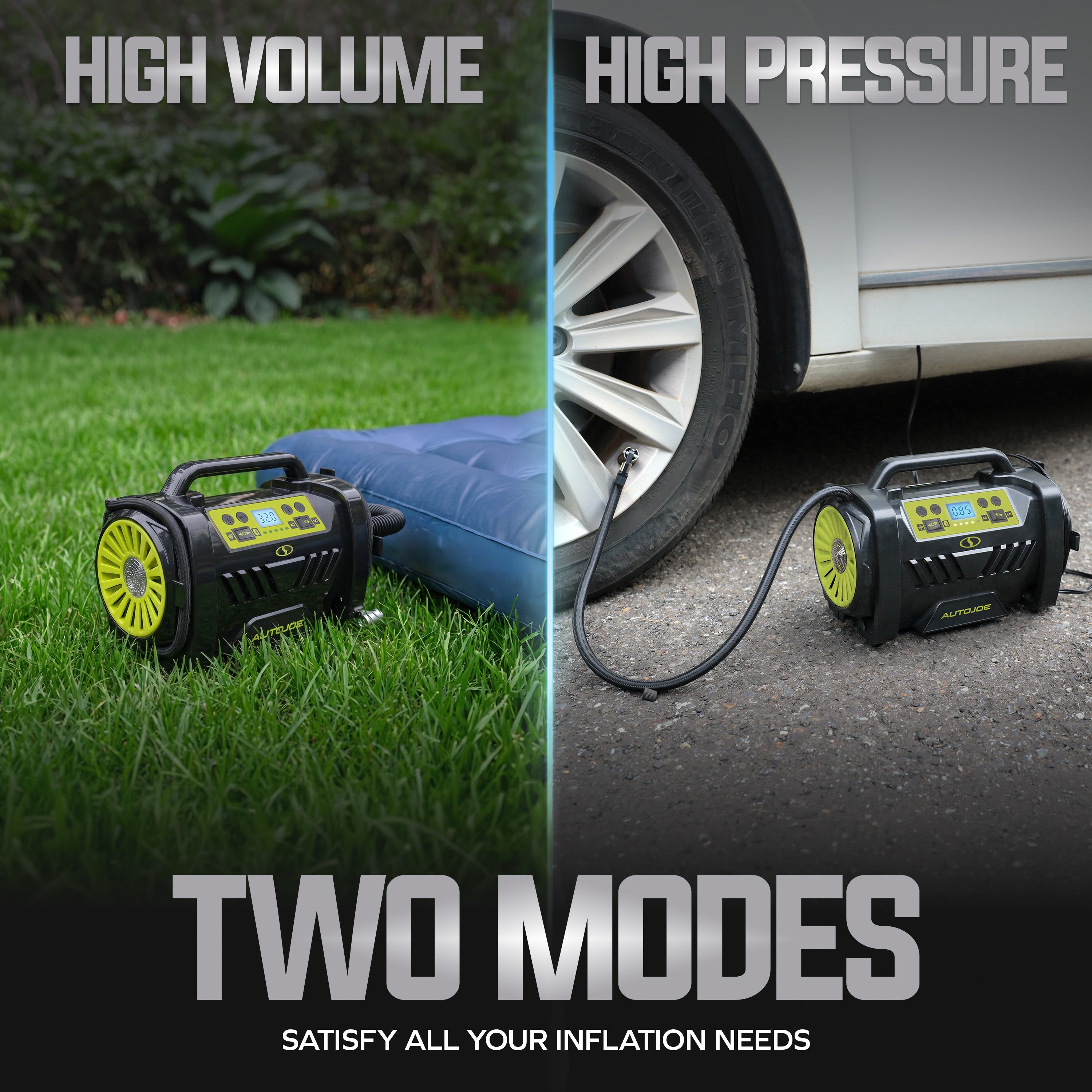 Auto Joe Hybrid 12-Volt/120-Volt AC High Volume Tire Inflator/Deflator | w/ Digital Pressure Gauge, Tire Air Chuck Adaptor, Sports Pin, General Inflatable Valve, & Auto Shut off | High Volume Output/Input