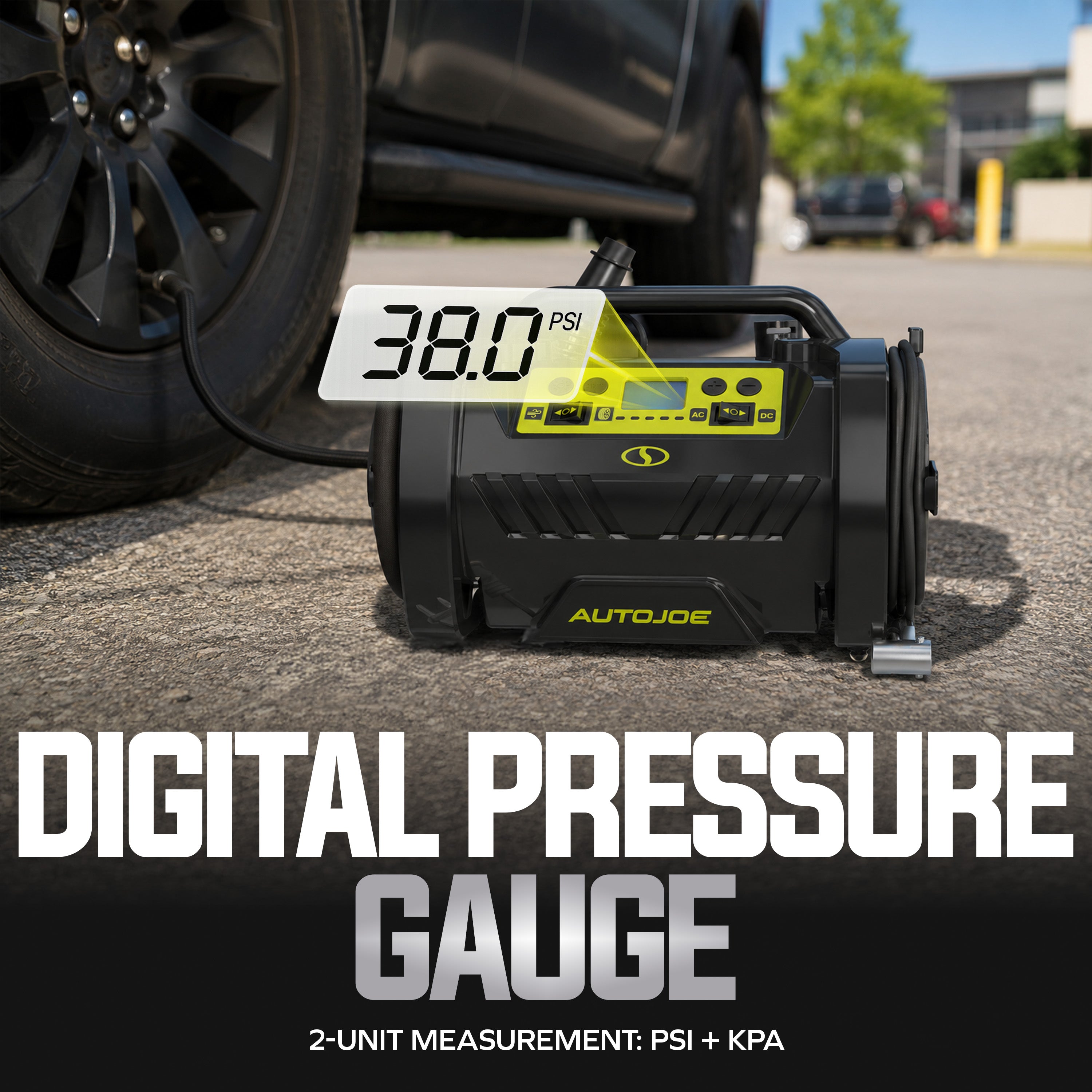 Auto Joe Hybrid 12-Volt/120-Volt AC High Volume Tire Inflator/Deflator | w/ Digital Pressure Gauge, Tire Air Chuck Adaptor, Sports Pin, General Inflatable Valve, & Auto Shut off | High Volume Output/Input