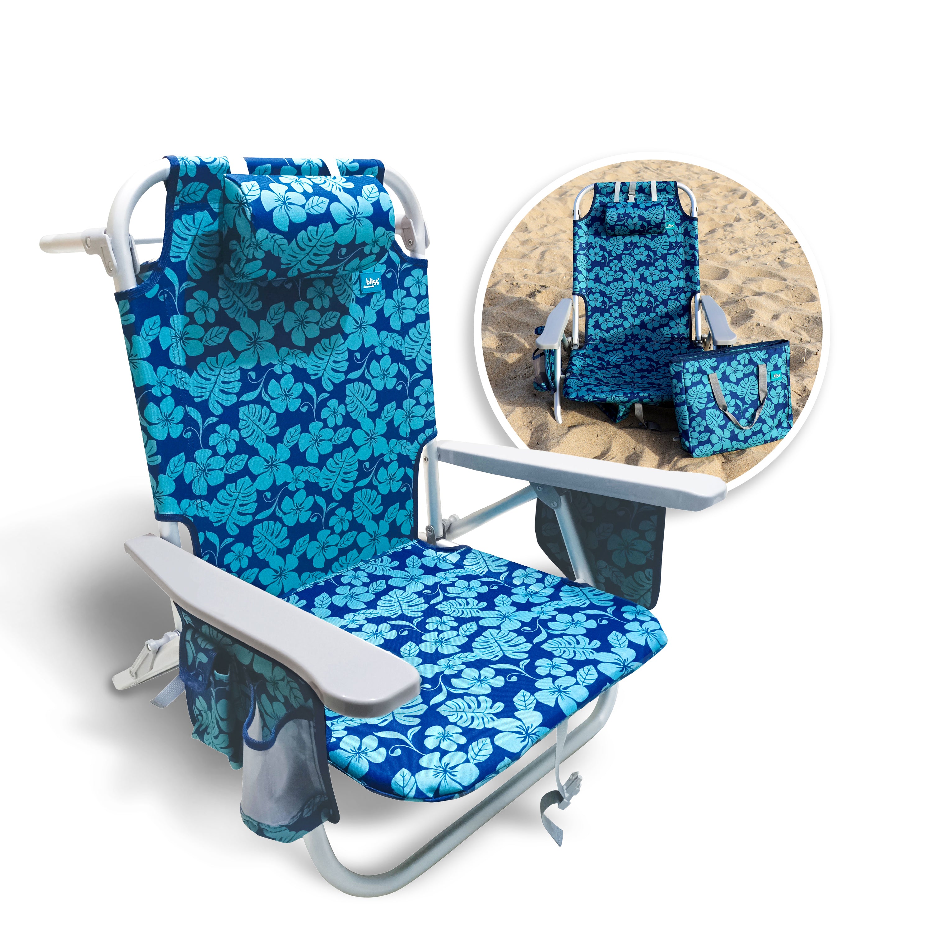 Bliss Hammocks BBC-350-BF Backpack Aluminum Beach Chair W/ Side Pocket & Detachable Cooler Bag | 5 Reclining Positions | 275 Lb. Capacity (Blue Flower)