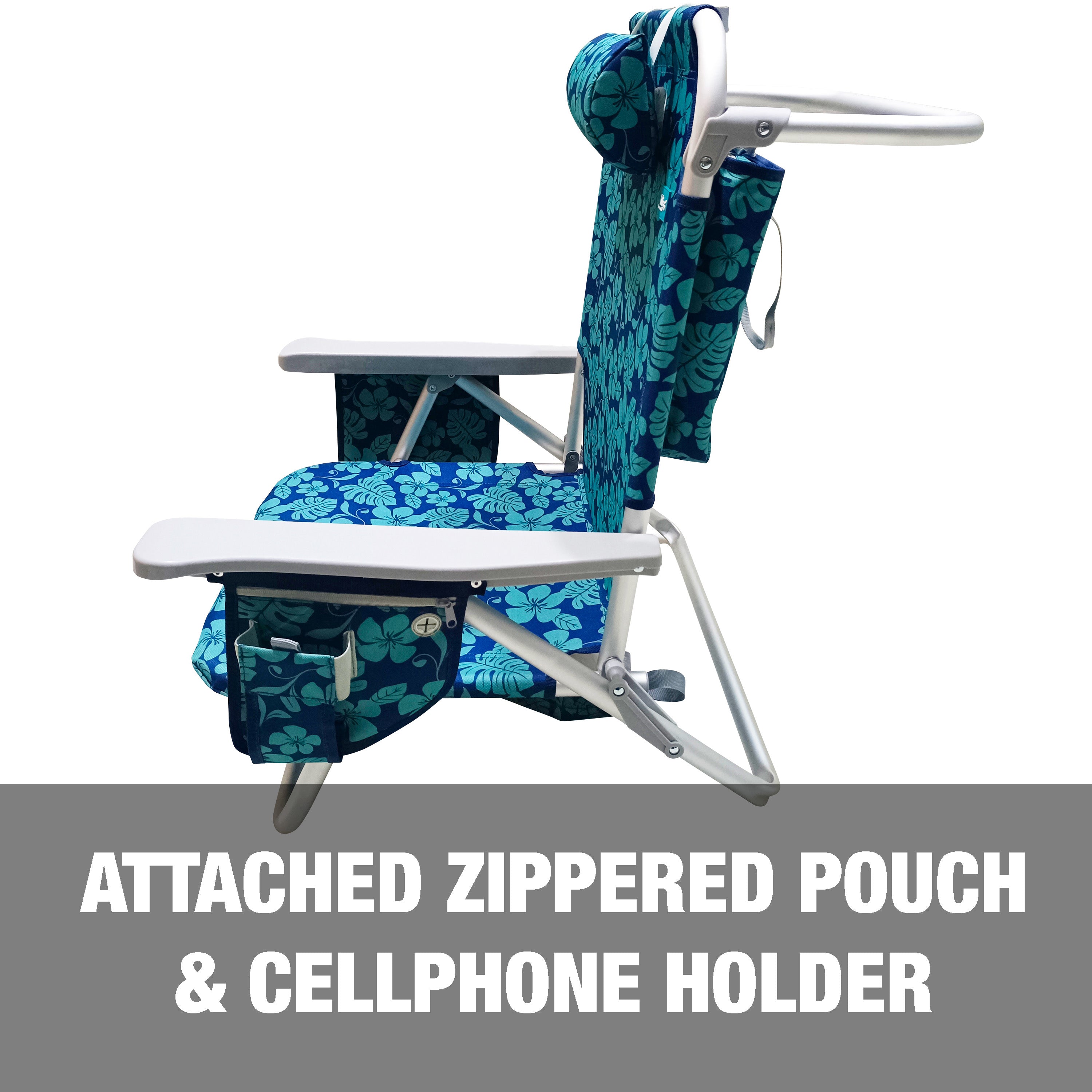 Attached zippered pouch and cellphone holder.
