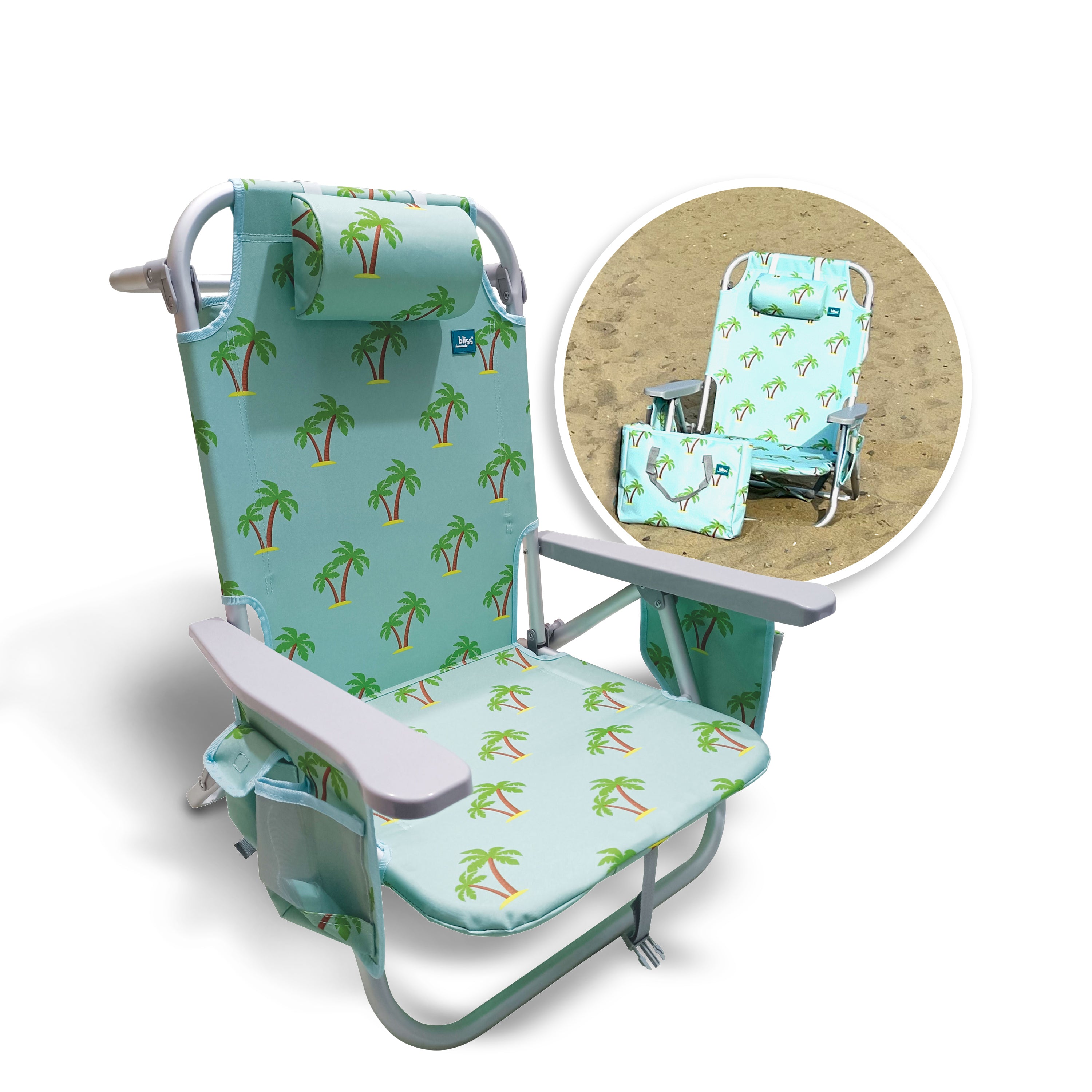Bliss Hammocks BBC-350-PT Backpack Aluminum Beach Chair W/ Side Pocket & Detachable Cooler Bag | 5 Reclining Positions | 275 Lb. Capacity (Palm Tree)