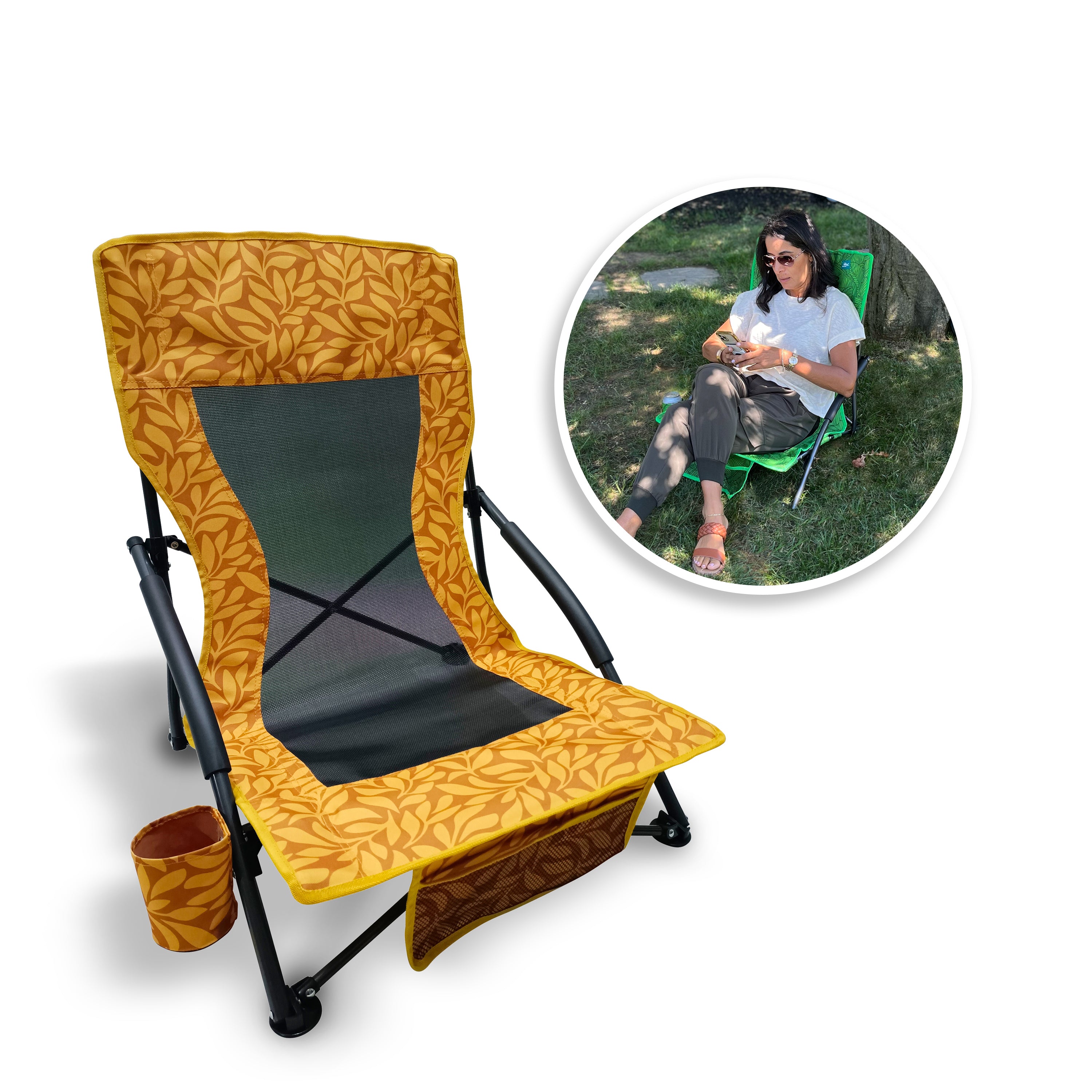 Bliss Hammocks Collapsible Beach Chair with inset image of person sitting on chair