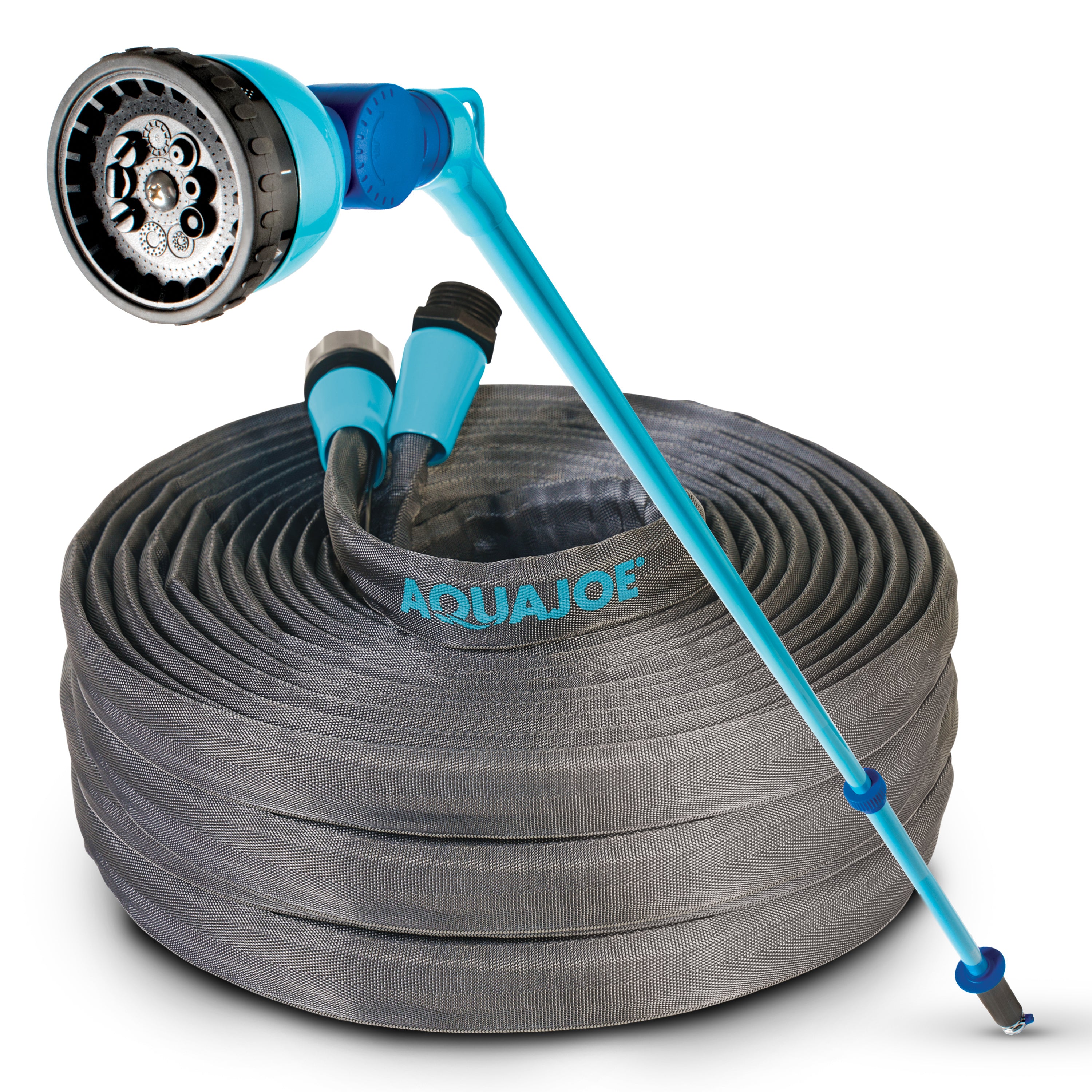 Aqua Joe 53-inch Telescoping Watering Wand and a 100-foot fiberjacket garden hose.