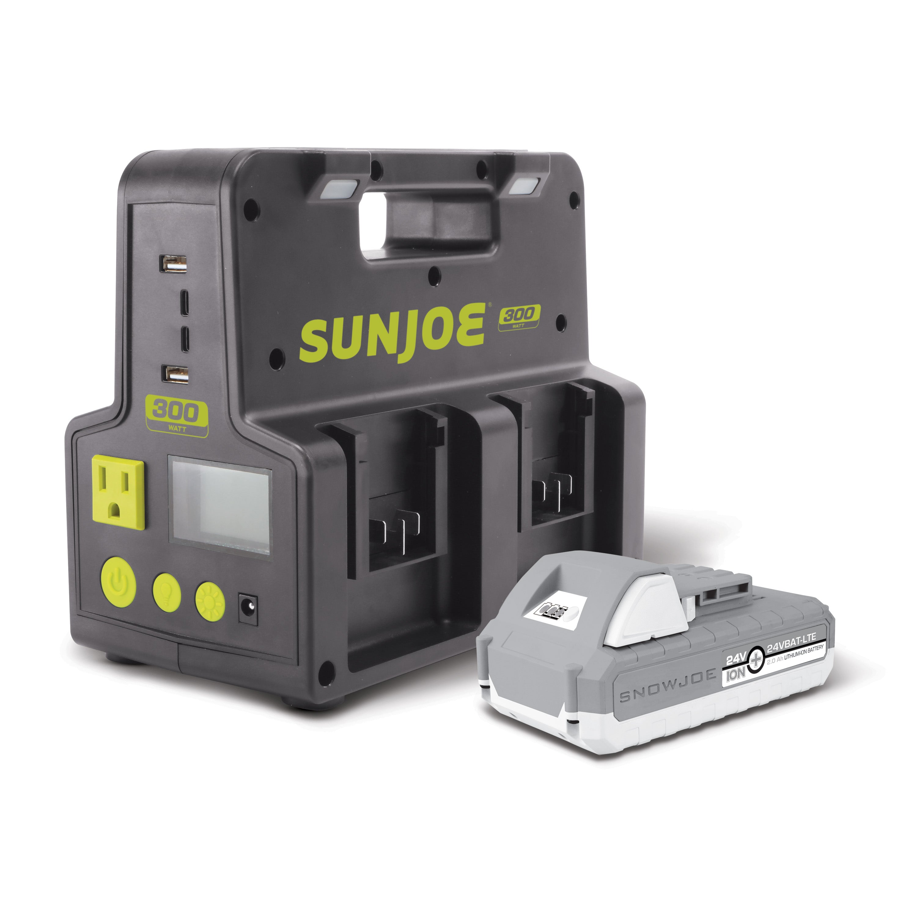 Sun Joe 24-Volt Cordless Hot-Swap Powered Inverter Generator Power Station with a 2.0-Ah lithium-ion battery.