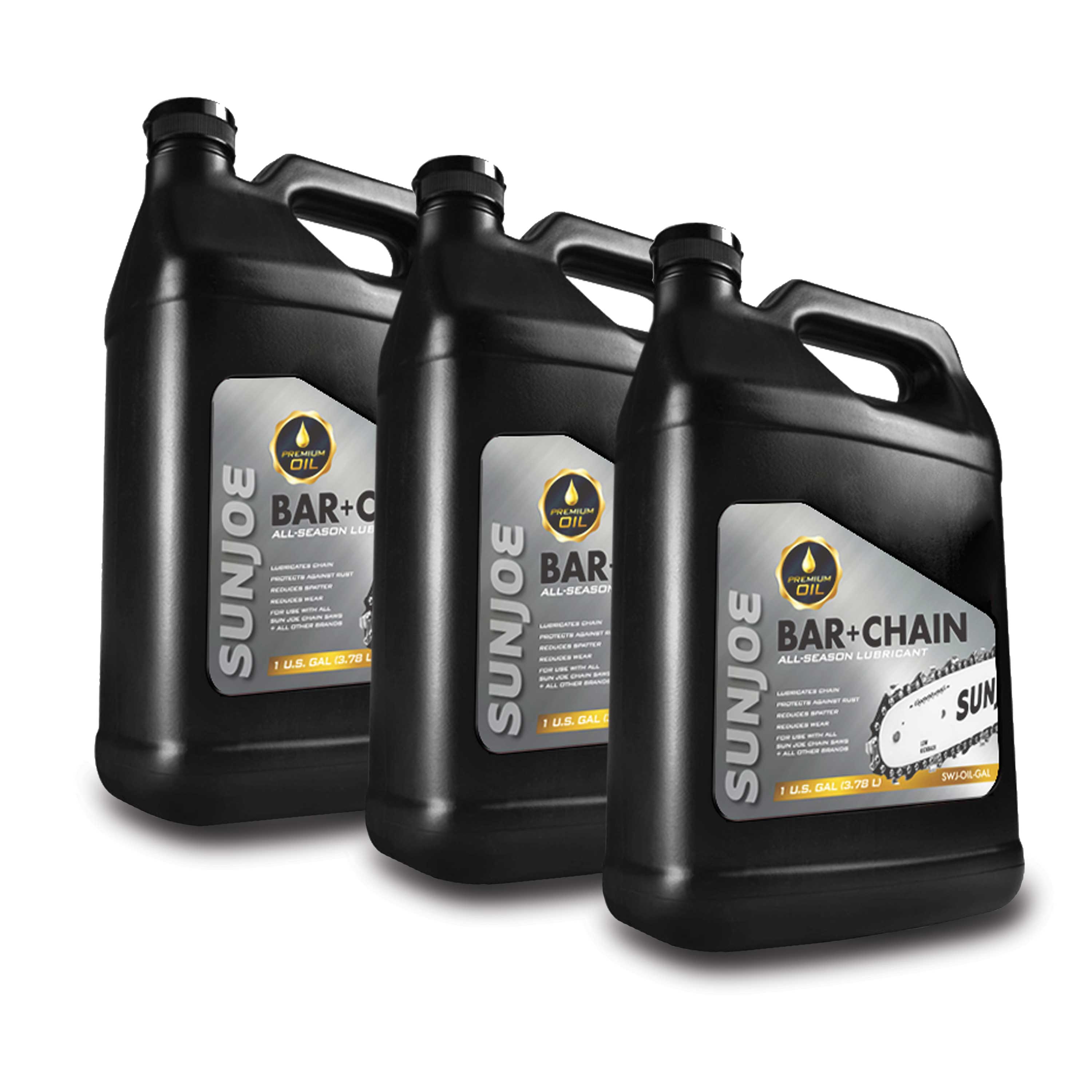 3-pack of Sun Joe 1-gallon Premium Bar, Chain and Sprocket Oil.