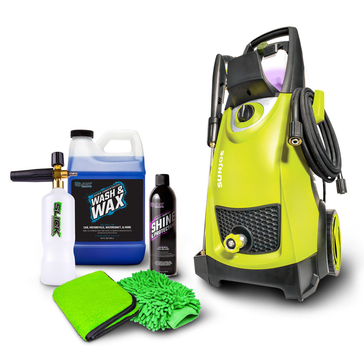 Sun Joe 14.5-amp 2030 PSI Electric Pressure Washer with 64-ounce Wash and Wax cleaning solution, shine and protectant spray, foam cannon, microfiber towel, and washing mitt.