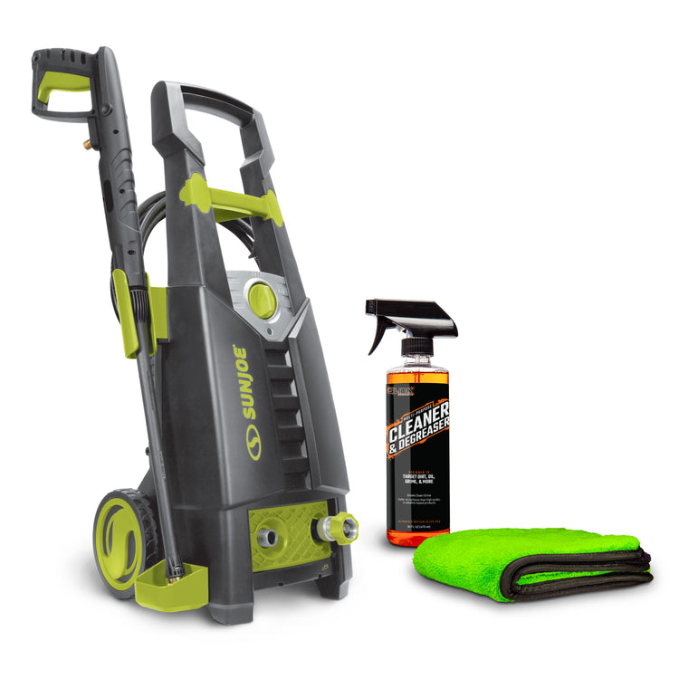 Sun Joe 13-amp 1950 PSI Electric Pressure Washer, a 16-ounce cleaner and degreaser solution, and a microfiber towel.