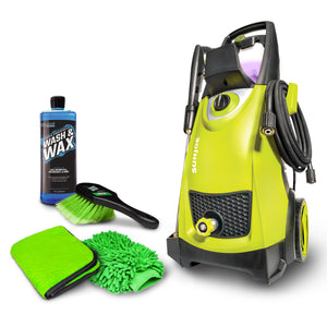 Sun Joe 14.5-amp 2030 PSI Electric Pressure Washer, a 32-ounce wash and wax foam solution, microfiber towel, washing mitt, and scrub brush.