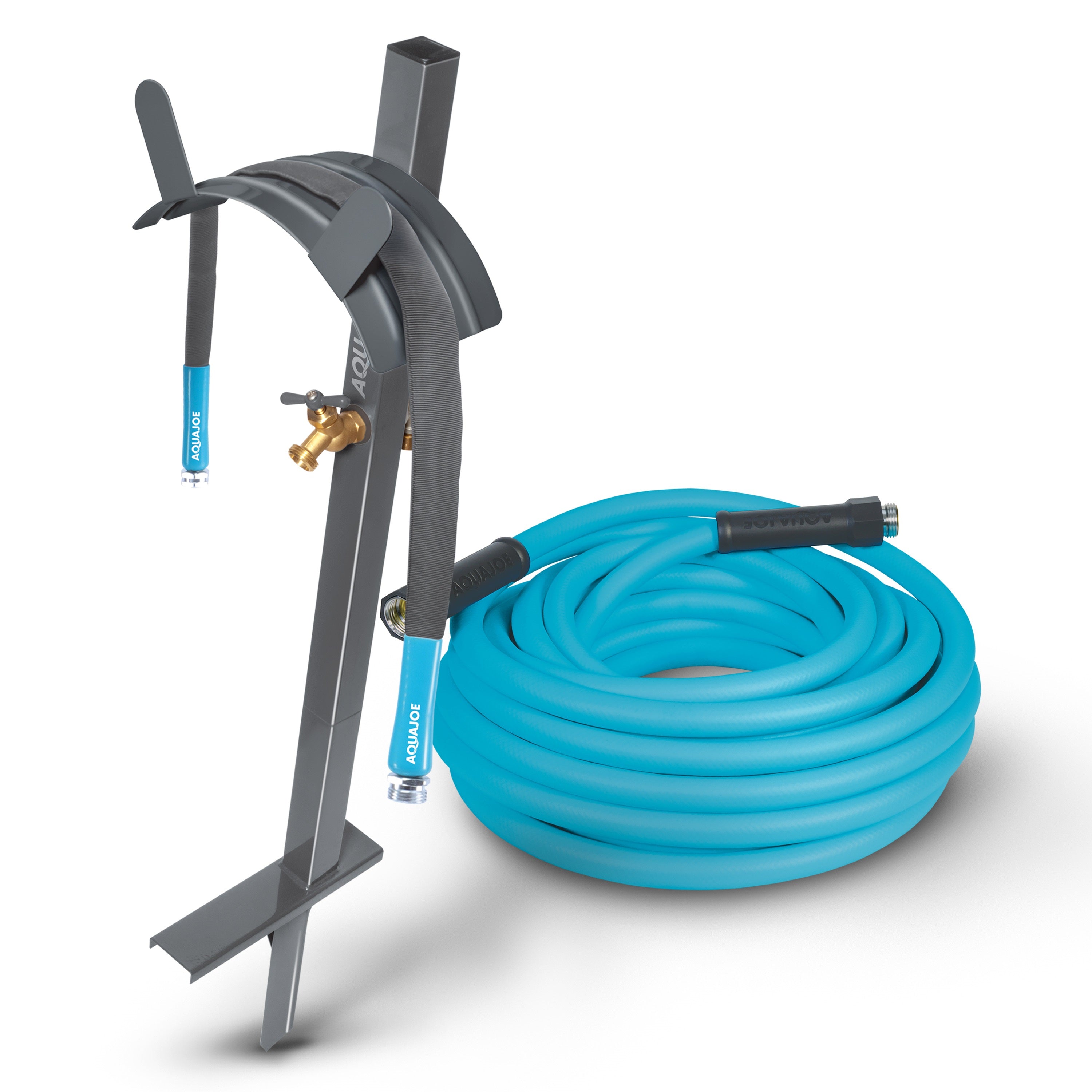 Aqua Joe Hose Stand Bundle | 50ft Hybrid Polymer Garden Hose + Stand W/ Lead-in Bundle