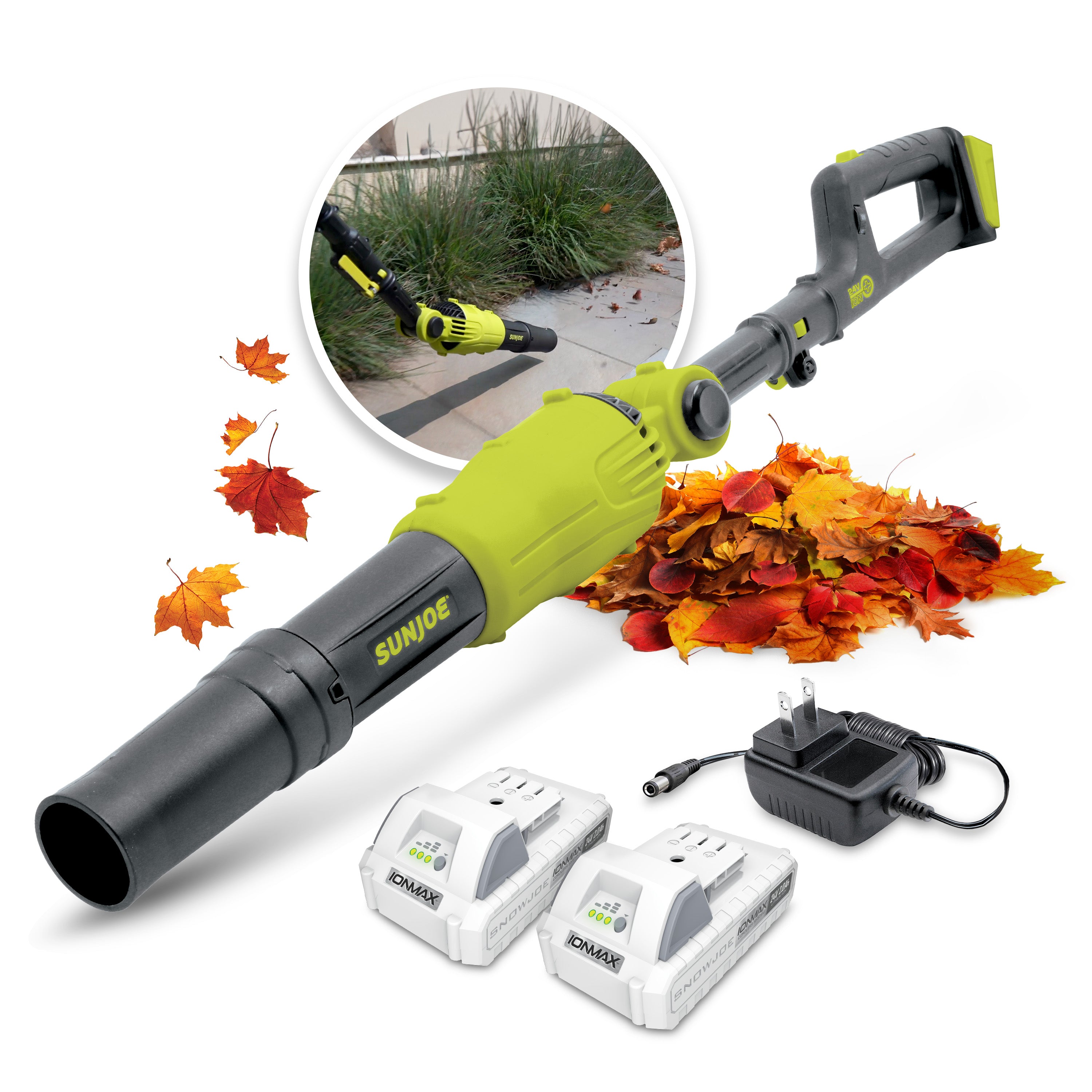 Sun Joe 2-in-1 Handheld + Pole Leaf Blower Kit | W/ 2 x 2.0-Ah Batteries + Charger | Includes 3 Nozzle Connections