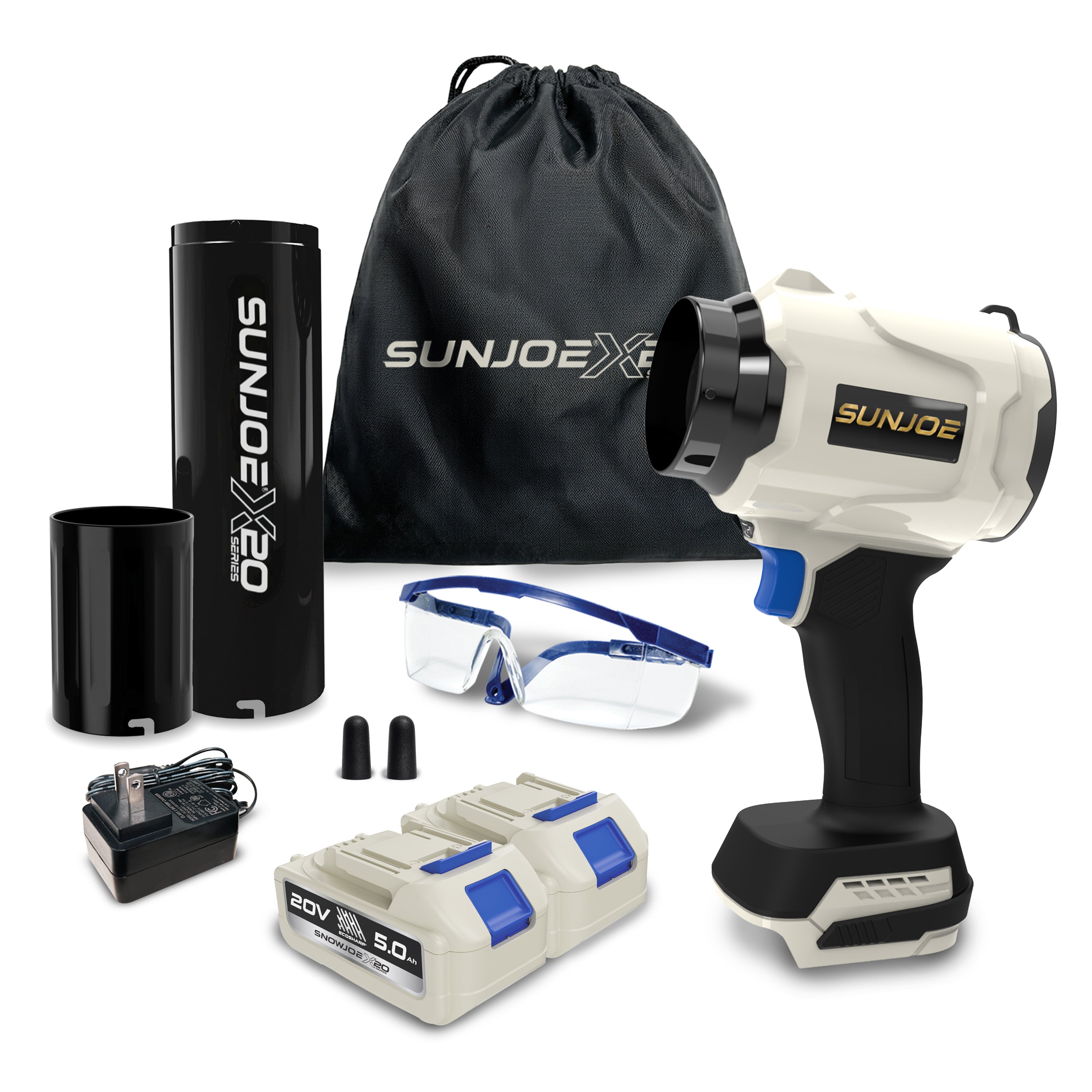 Sun Joe 20-Volt ECOSHARP Cordless X20 StormJet Handheld Turbo Blower | 340 CFM | W/ 2 x 5000 mAh (5.0-Amp) Batteries + Charger