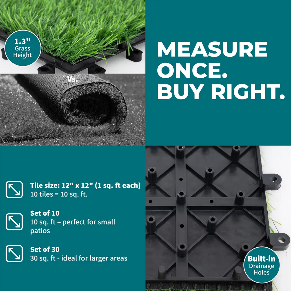Artificial grass tile measurements and backing details