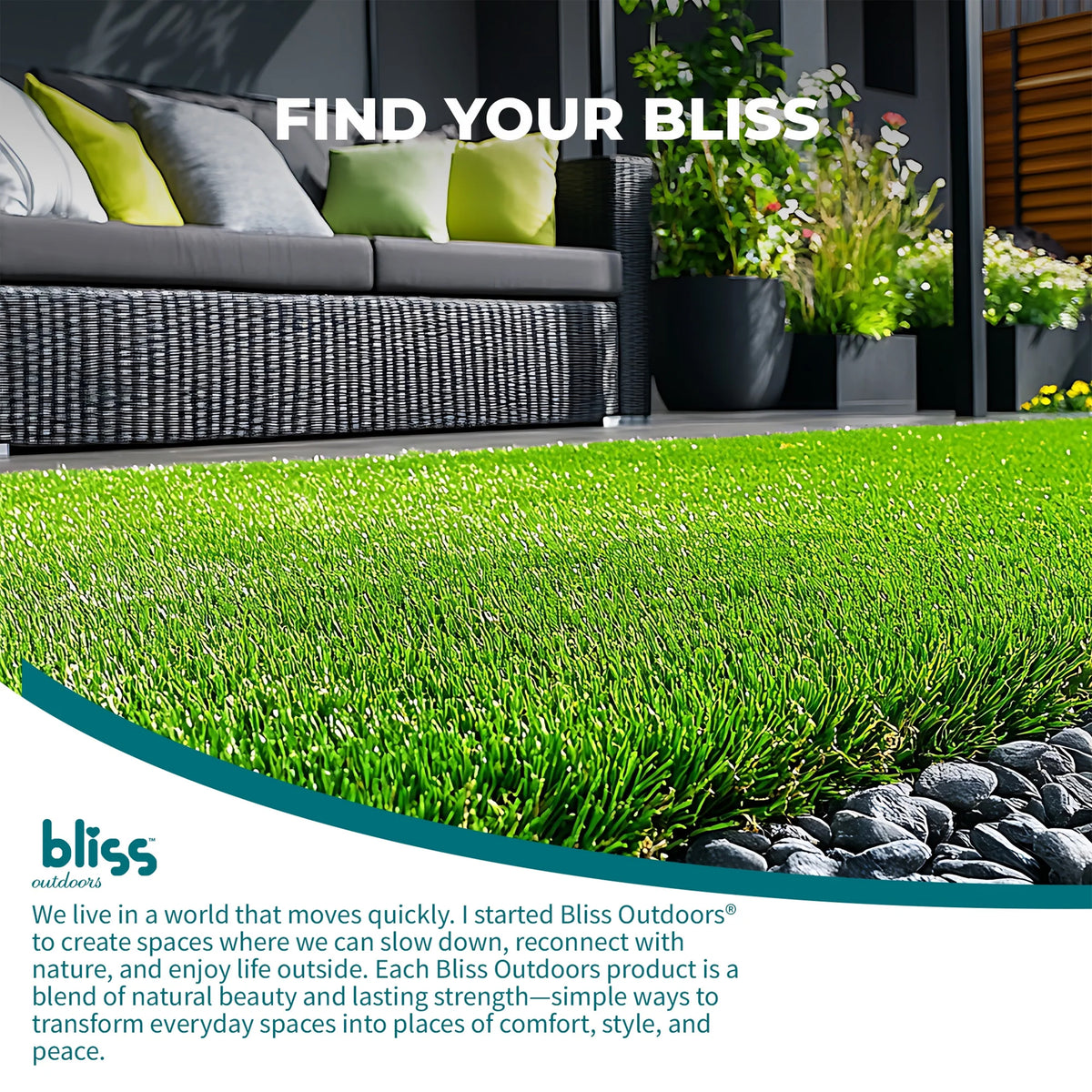 Artificial grass tiles styled in an outdoor seating area