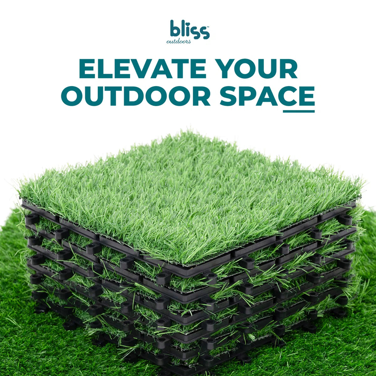 Stacked artificial grass tiles for elevating an outdoor space