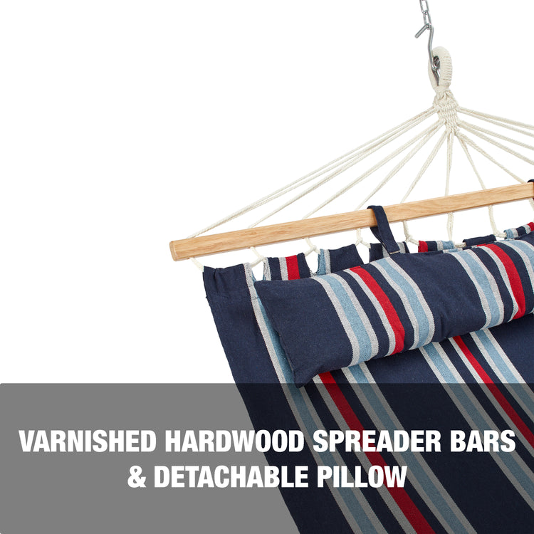 Varnished hardwood spreader bars and detachable pillow.