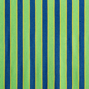 Close-up of the fabric and pattern showing the green and blue stripes with yellow lines.