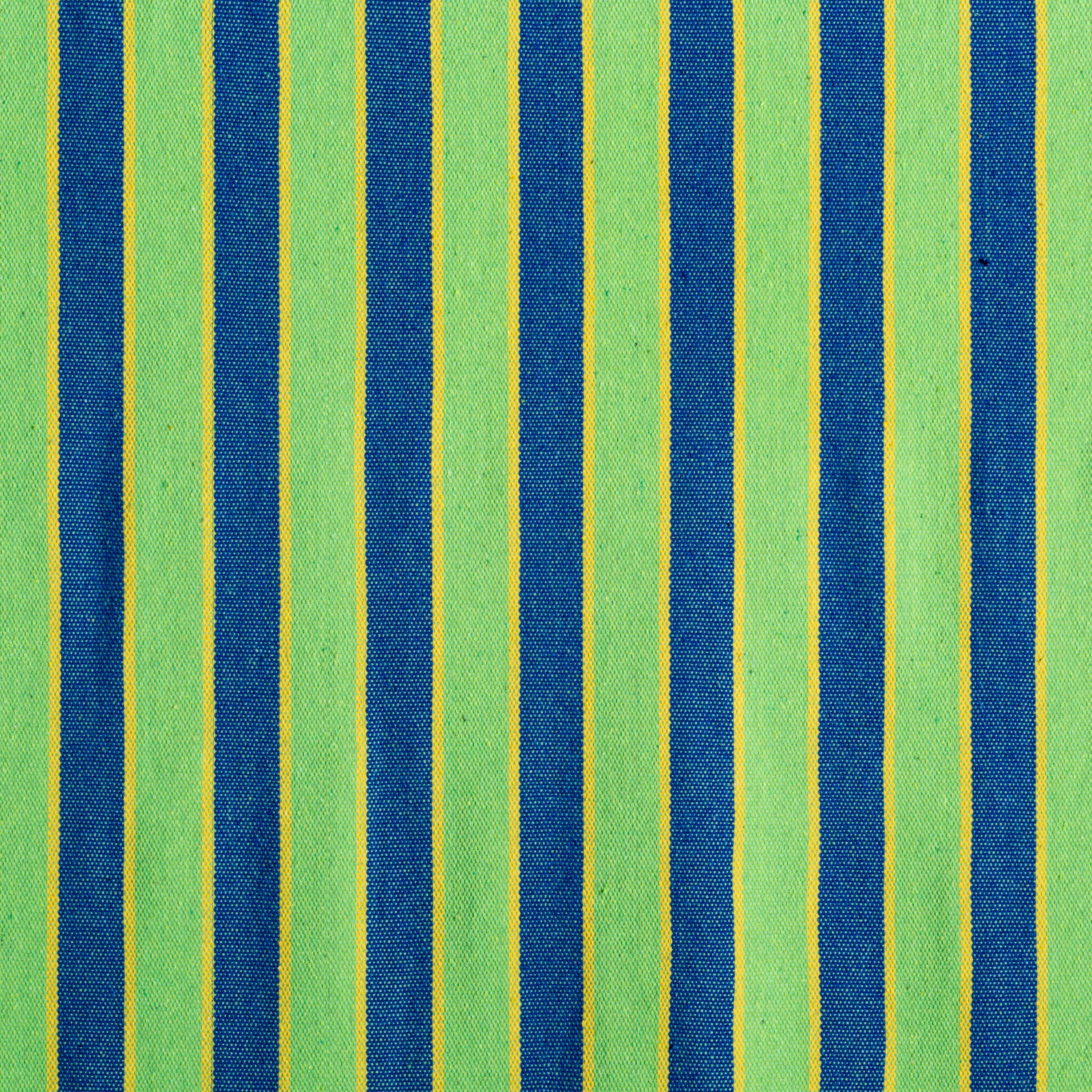 Close-up of the fabric and pattern showing the green and blue stripes with yellow lines.