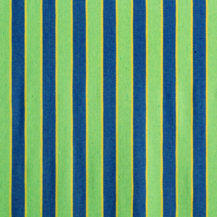 Close-up of the fabric and pattern showing the green and blue stripes with yellow lines.