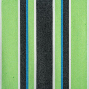 Close-up of the fabric and pattern showing the light green, blue, black, and white stripes.