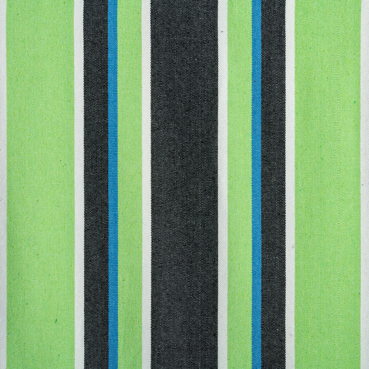 Close-up of the fabric and pattern showing the light green, blue, black, and white stripes.