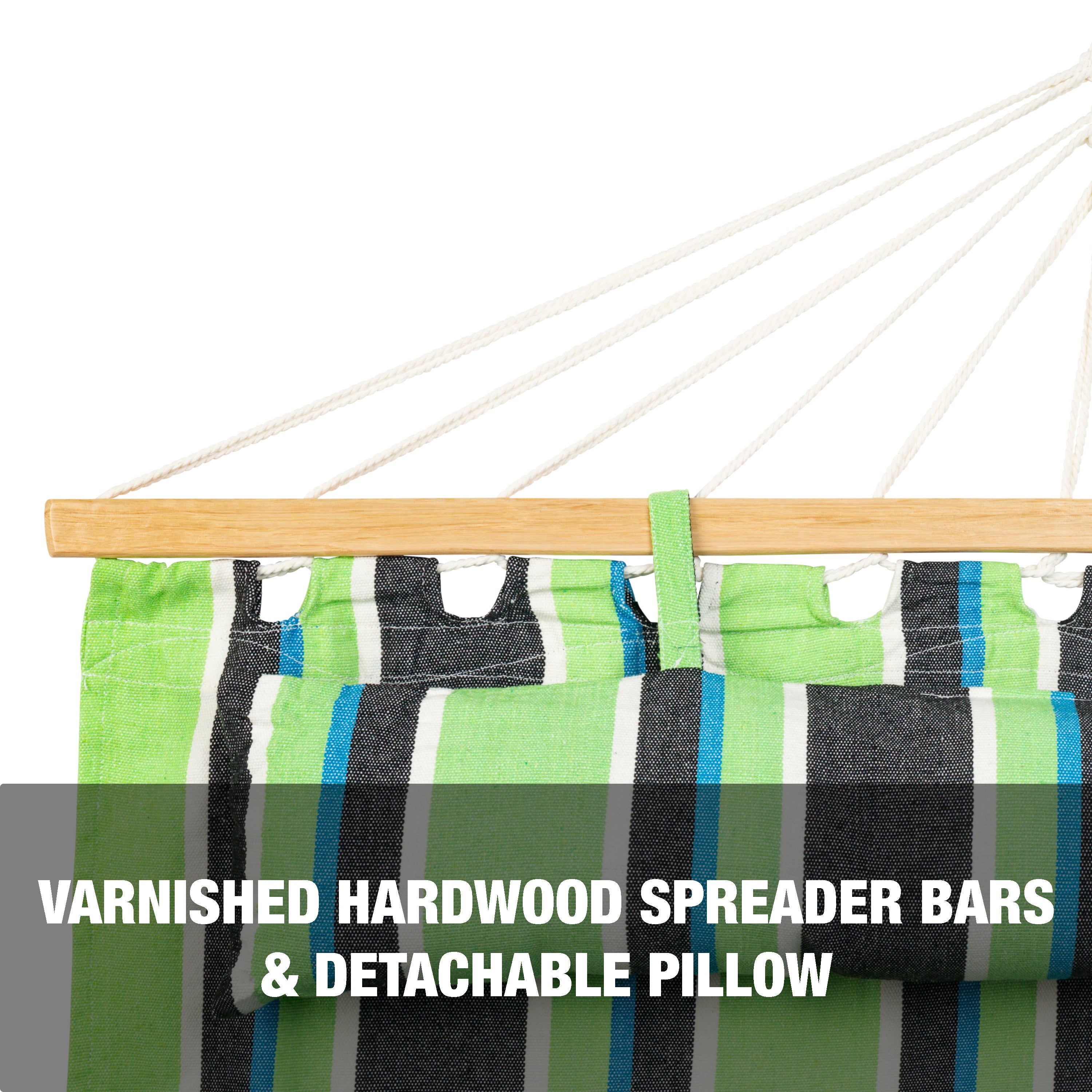 Varnished hardwood spreader bars and detachable pillow.
