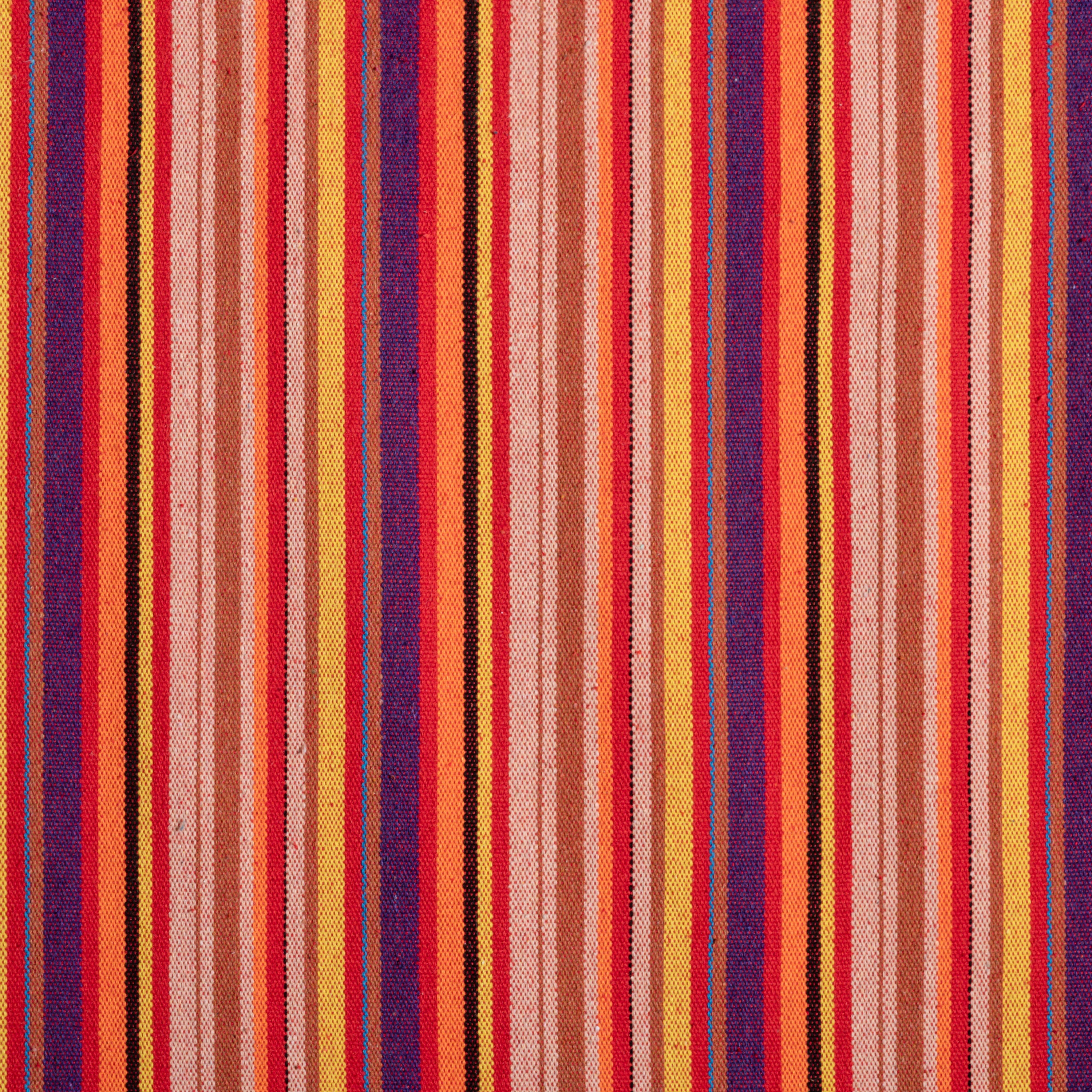 Close-up of the fabric and pattern showing the thin red, orange, yellow, purple, black, and beige stripes.