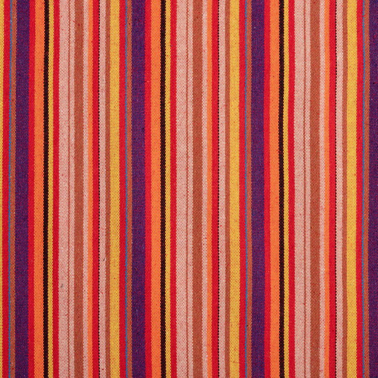 Close-up of the fabric and pattern showing the thin red, orange, yellow, purple, black, and beige stripes.