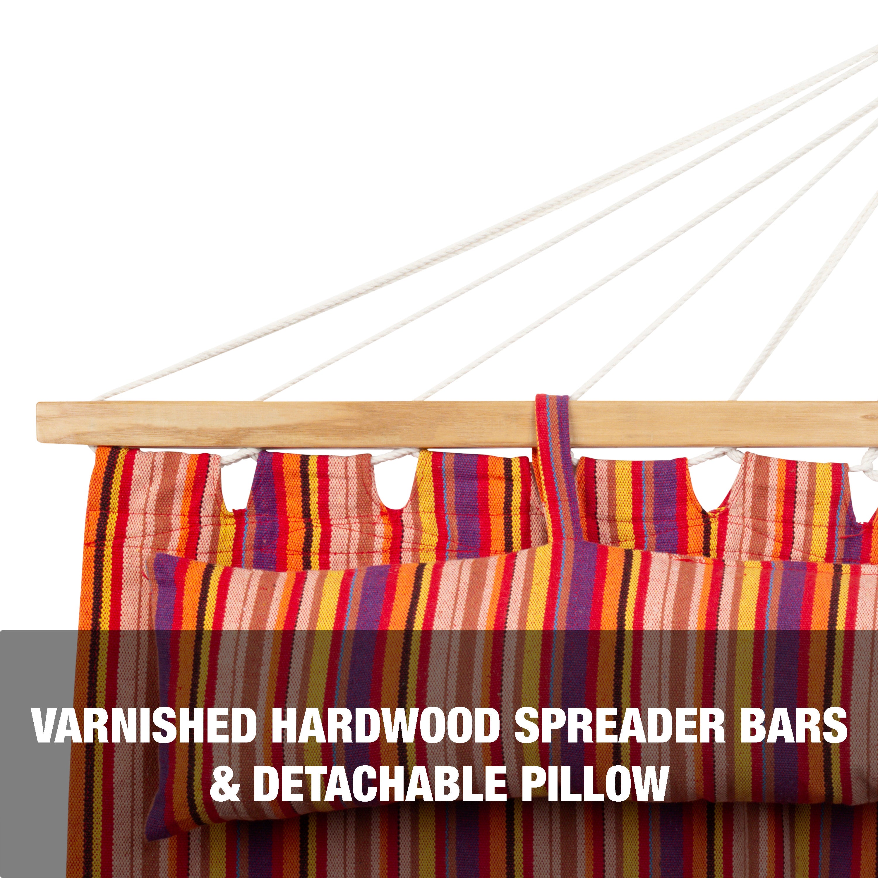 Varnished hardwood spreader bars and detachable pillow.