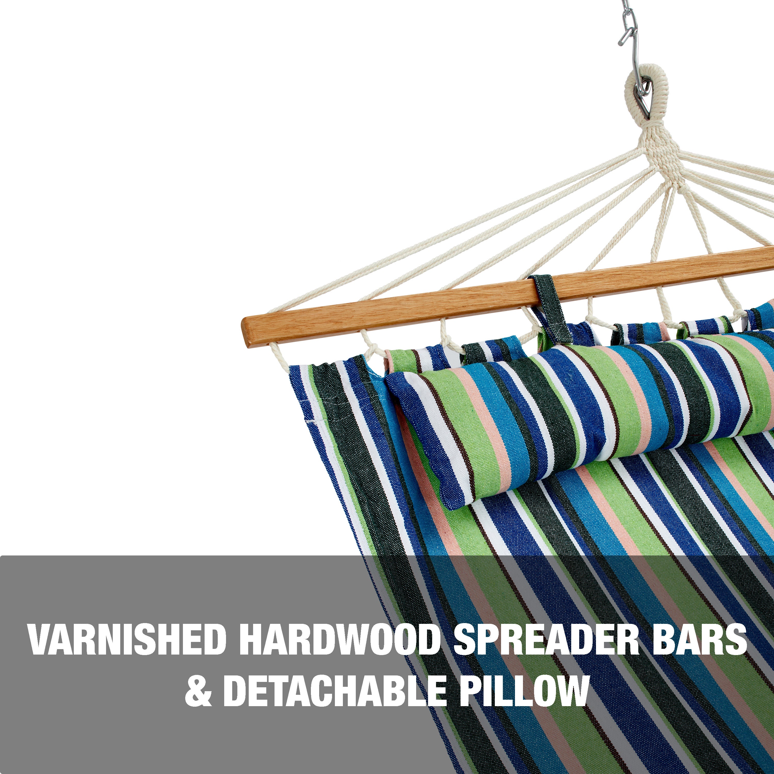 Varnished hardwood spreader bars and detachable pillow.