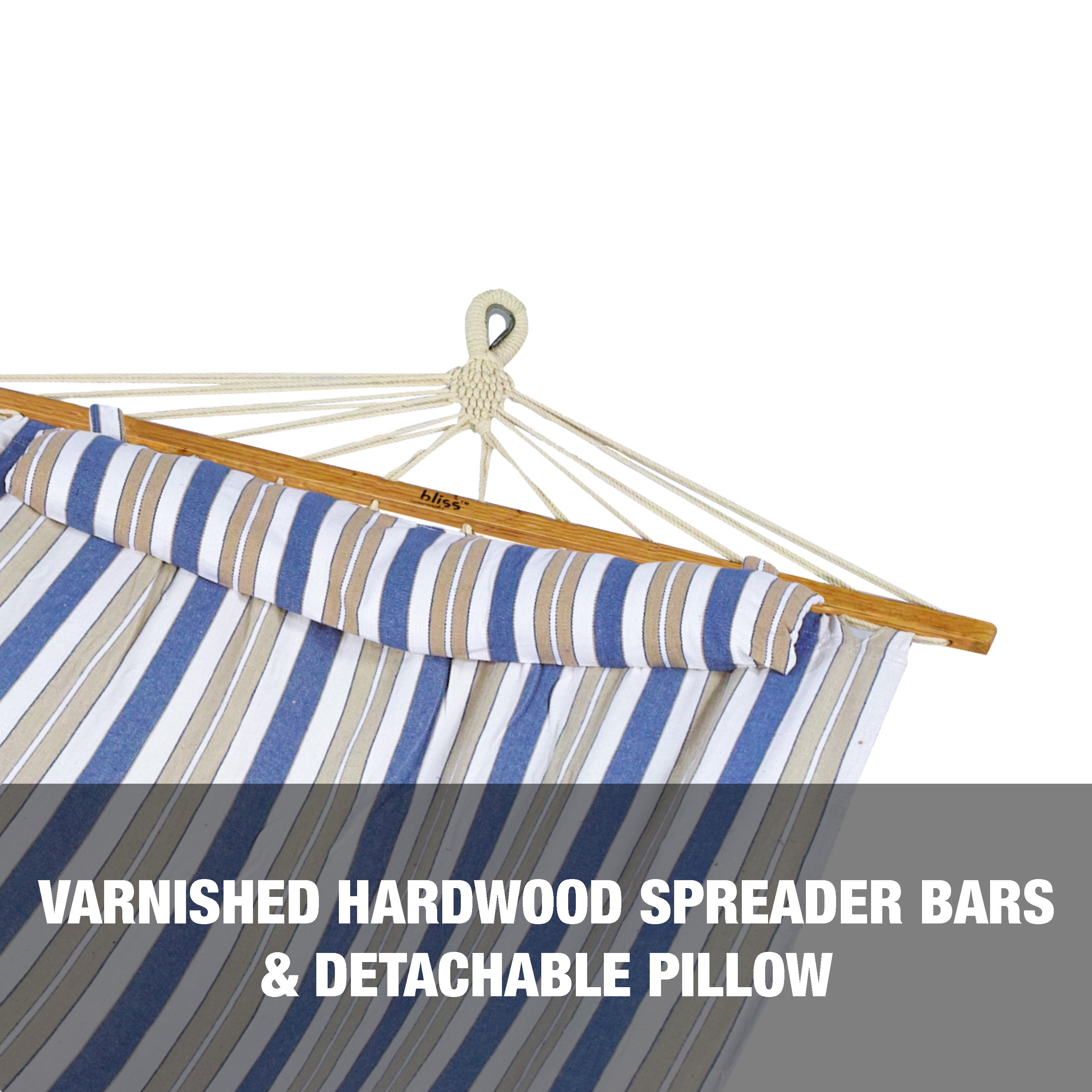 Varnished hardwood spreader bars and detachable pillow.