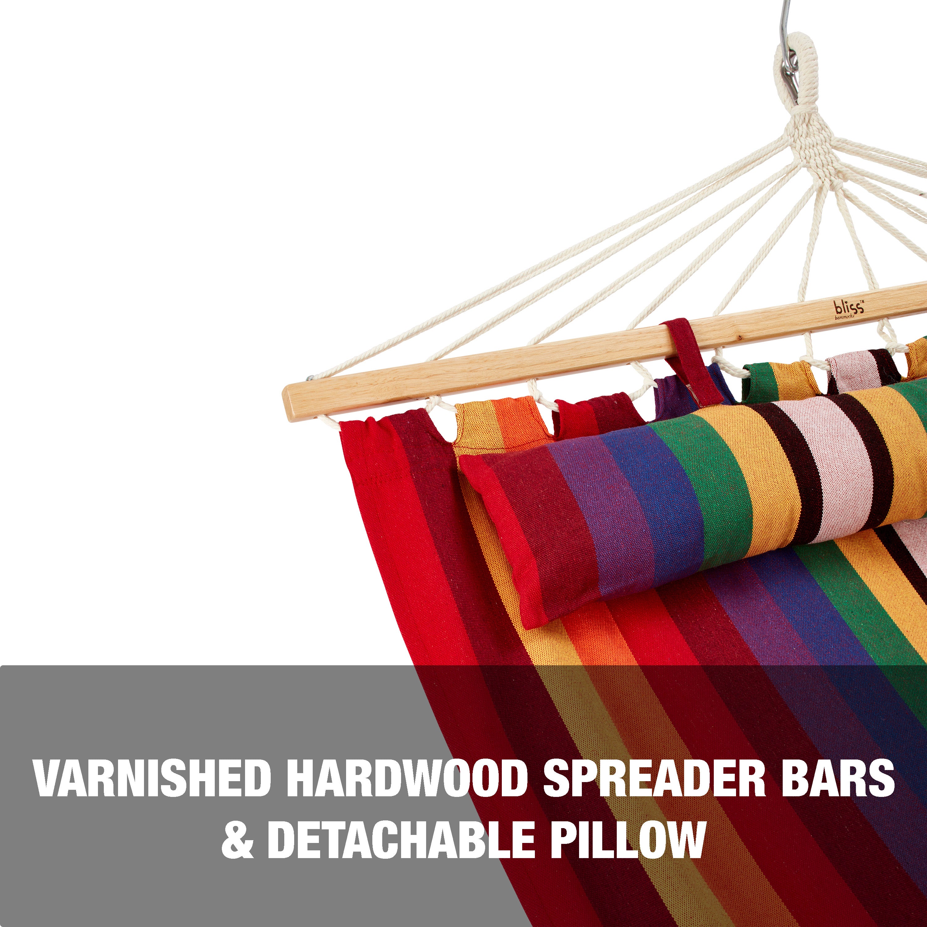 Varnished hardwood spreader bars and detachable pillow.