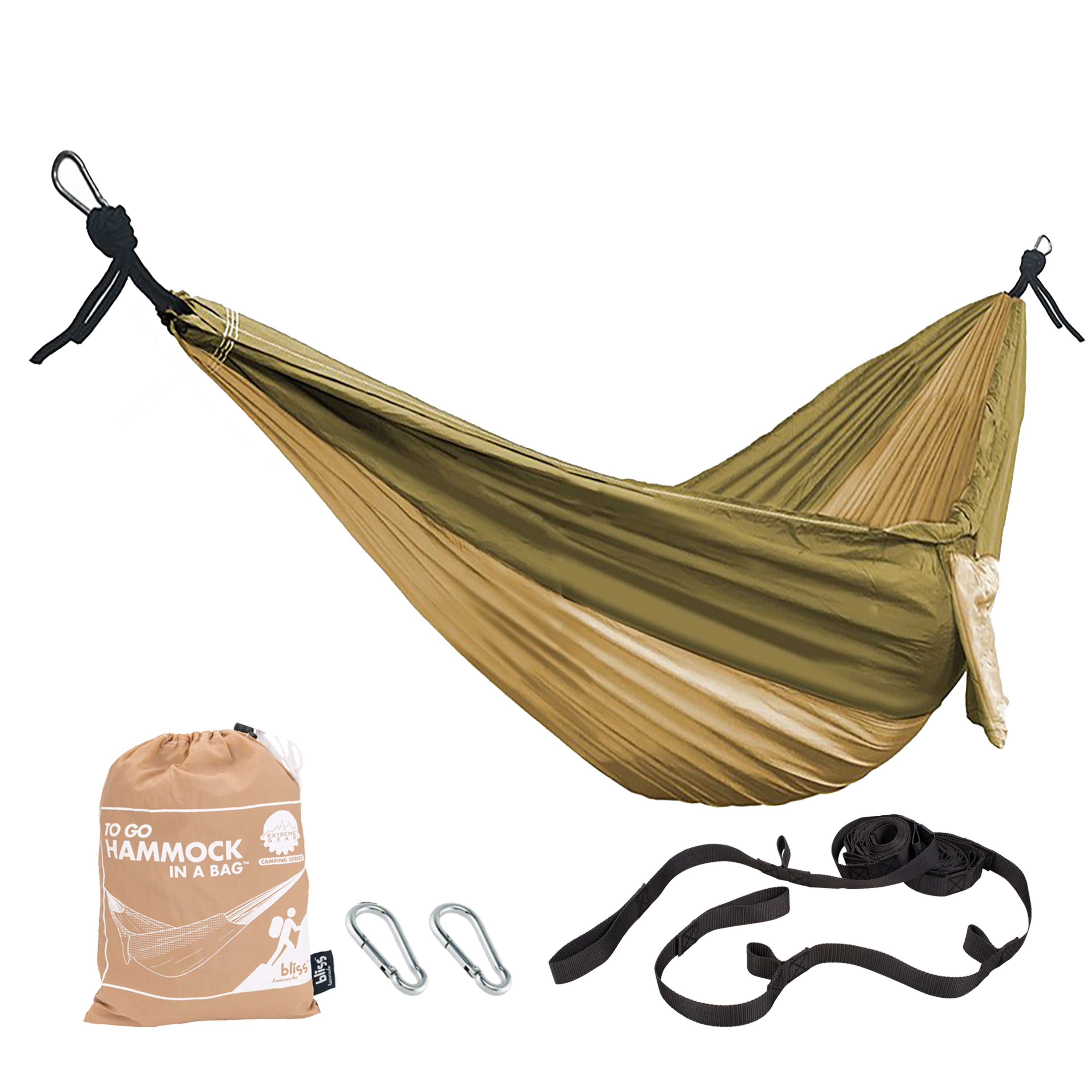 Bliss Hammocks BH-406ST-DS Hammock in a Bag W/ Carabiners & Tree Straps | 54-in. Wide | Weather Resistant | 350 Lb. Capacity (Desert Storm)