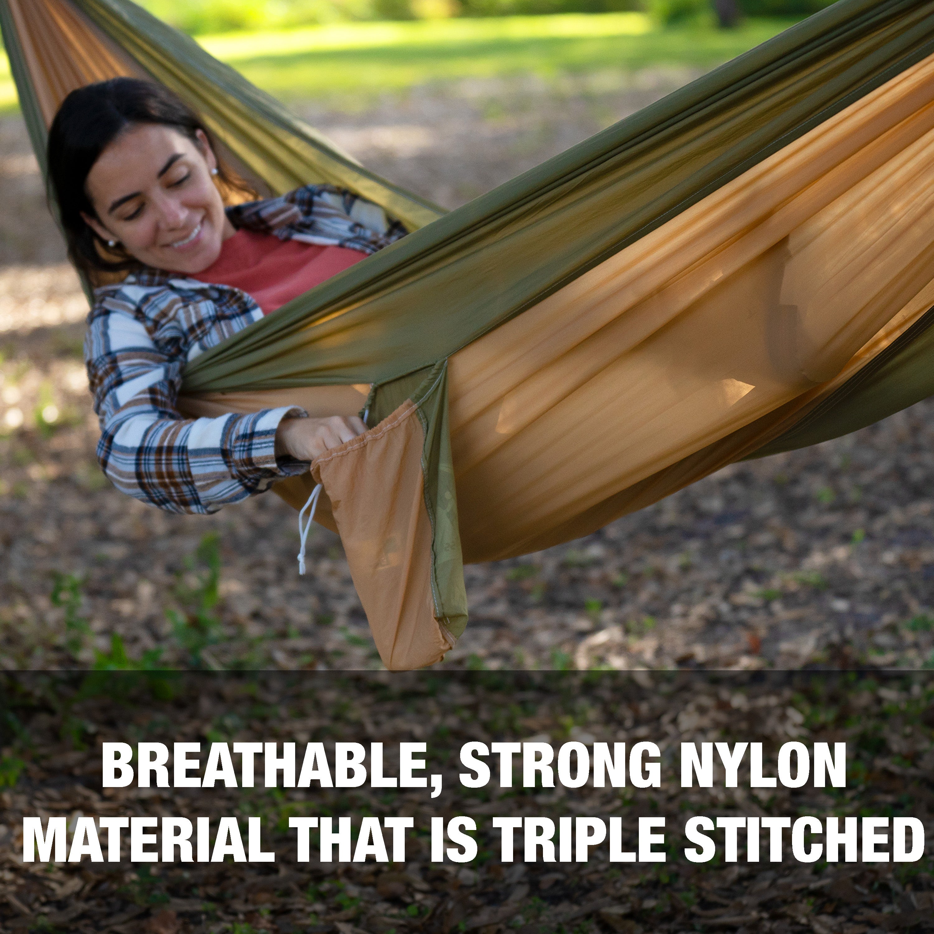Breathable, strong nylon material that is triple stitched.
