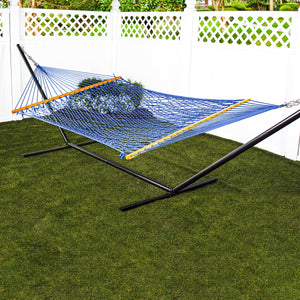 Bliss Hammocks 60-inch Wide Blue Cotton Rope Hammock secured to a stand in a backyard.
