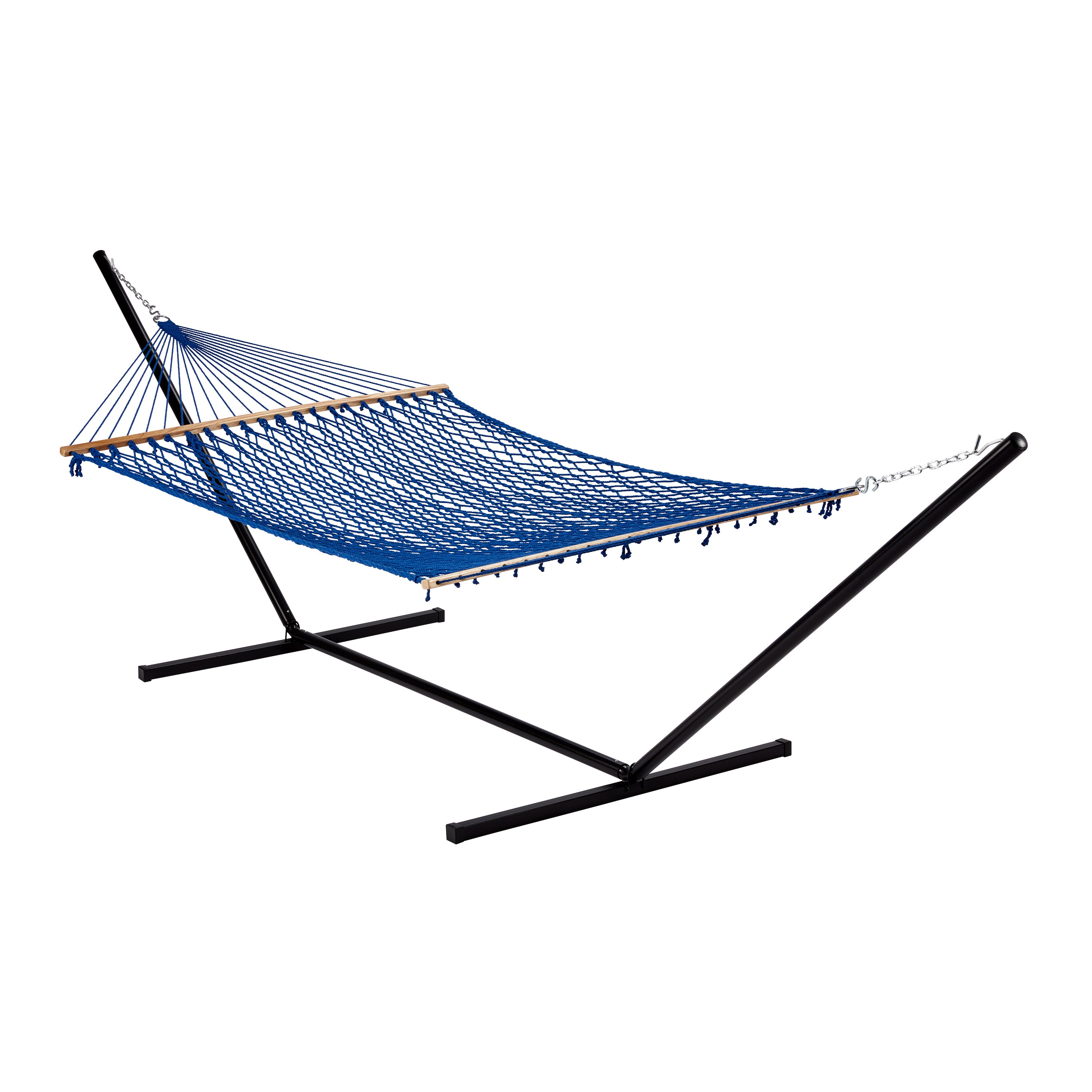 Bliss Hammocks 60-inch Wide Blue Cotton Rope Hammock secured to a stand.