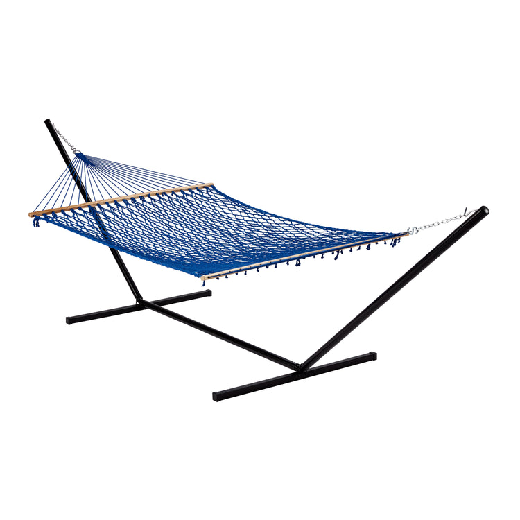 Bliss Hammocks 60-inch Wide Blue Cotton Rope Hammock secured to a stand.
