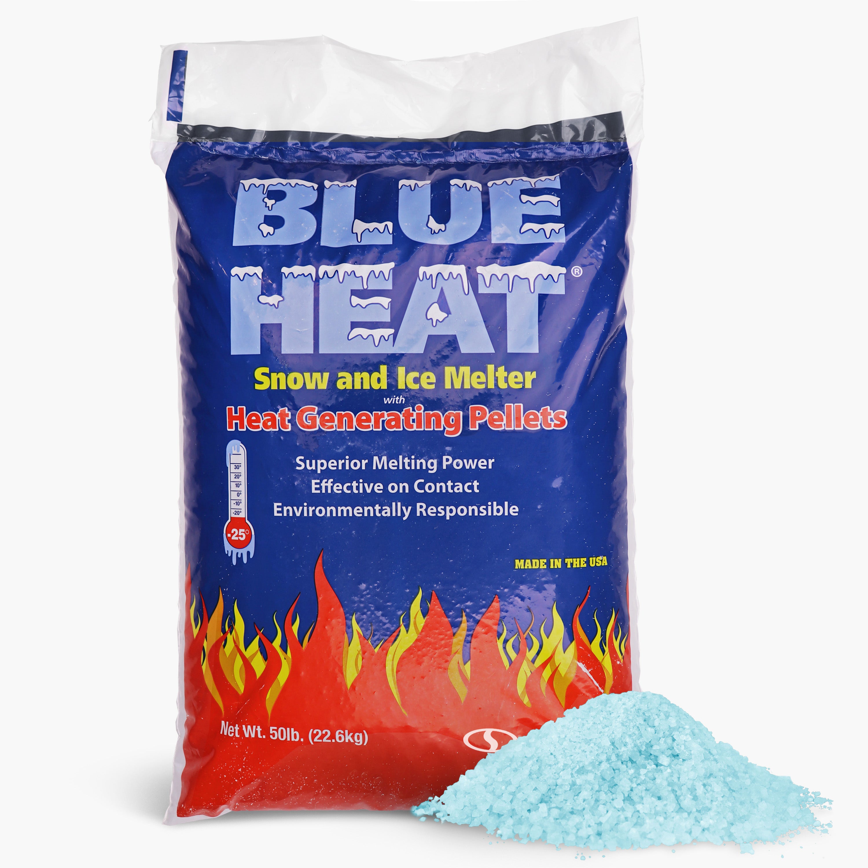 Blue Heat BH50 Calcium Blend Ice and Snow Melt + Deicer W/ Heat Generating Pellets | 50 Lb. Bag | Works to -25°F