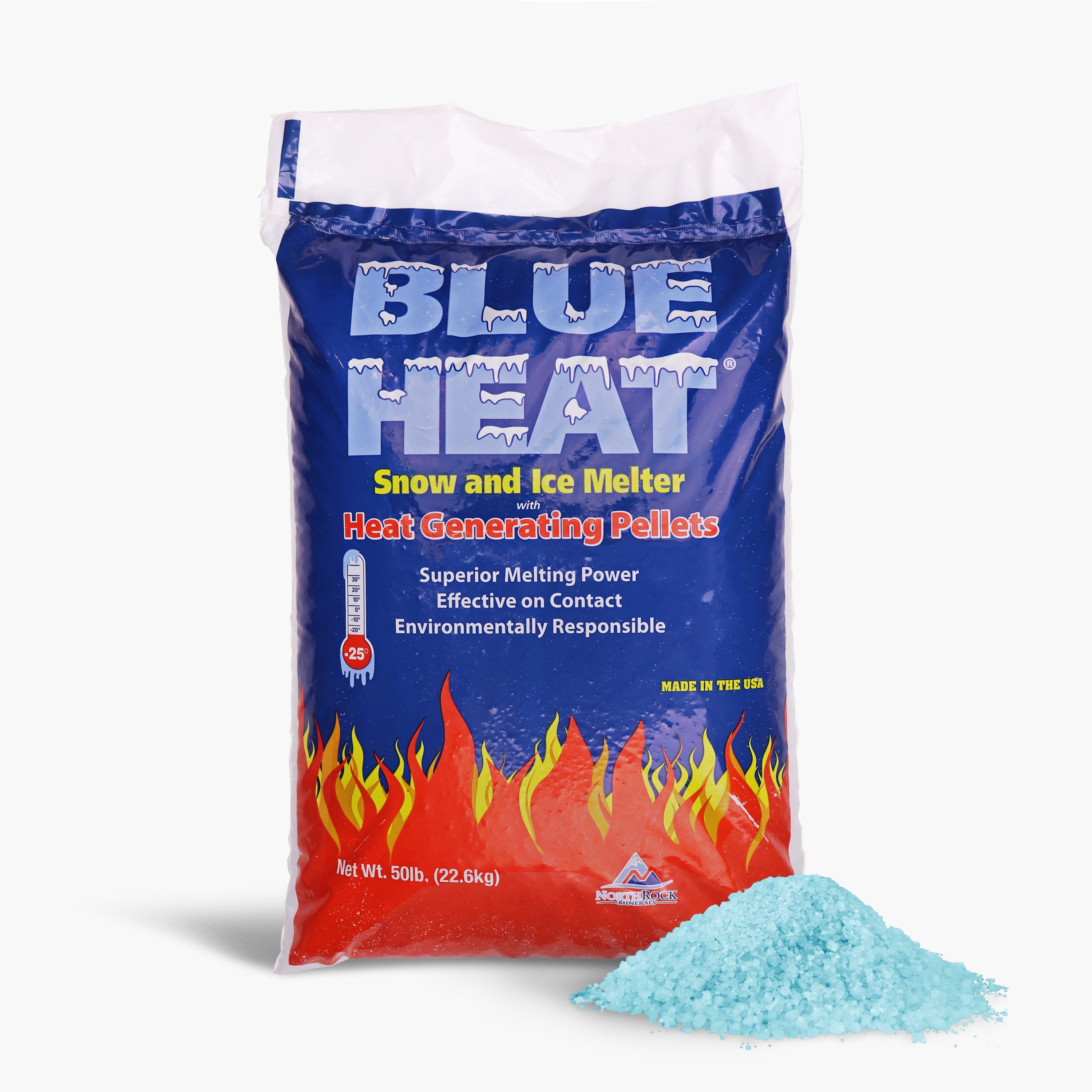 Blue Heat Calcium Blend Ice and Snow Melt + Deicer W/ Heat Generating Pellets | 50 Lb. Bag | Works to -25°F