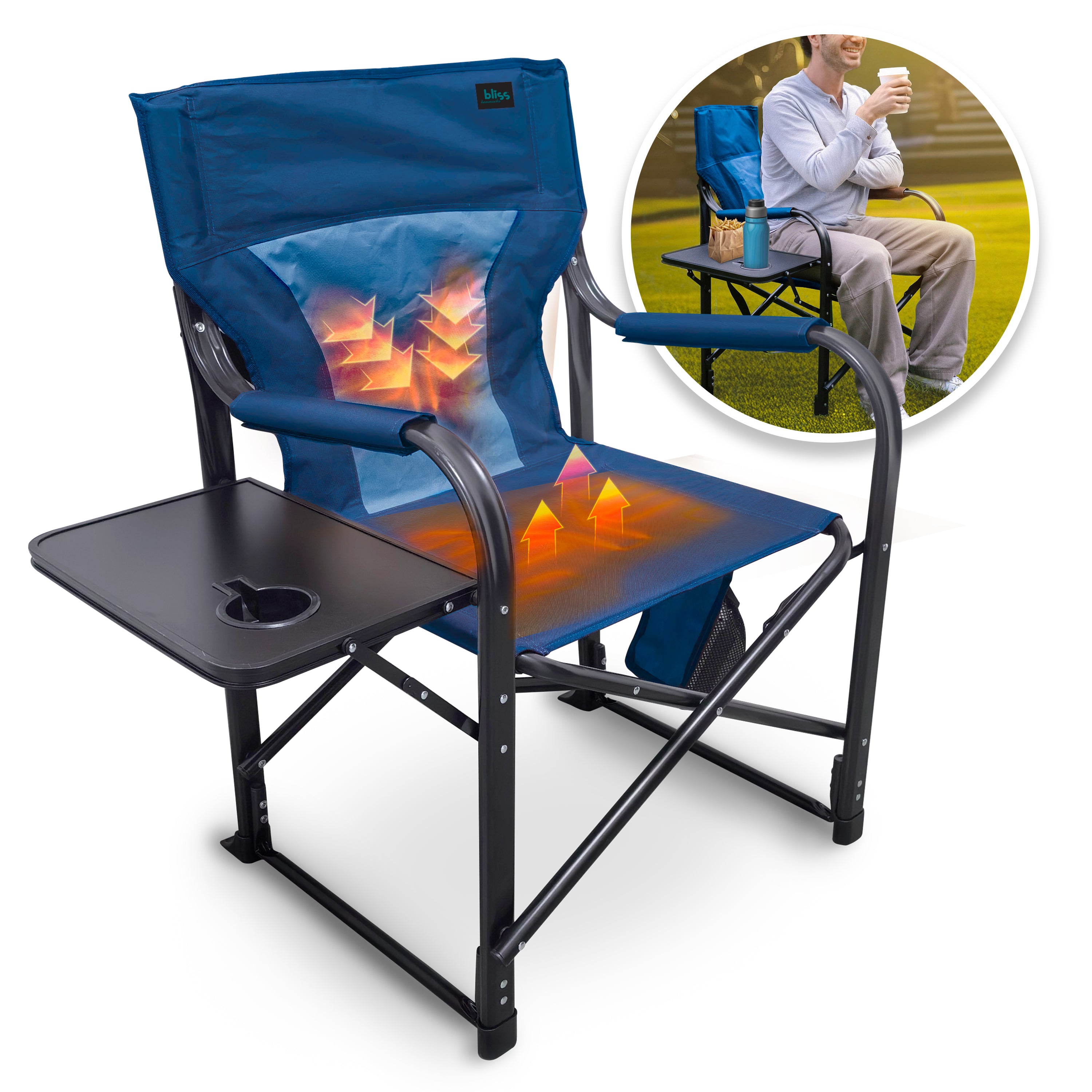 Bliss Hammocks BHC-24VH-BLU 24V Heated Directors Seat | 21-in Wide | 3 Temp Settings | 2.0-Ah Battery + Charger