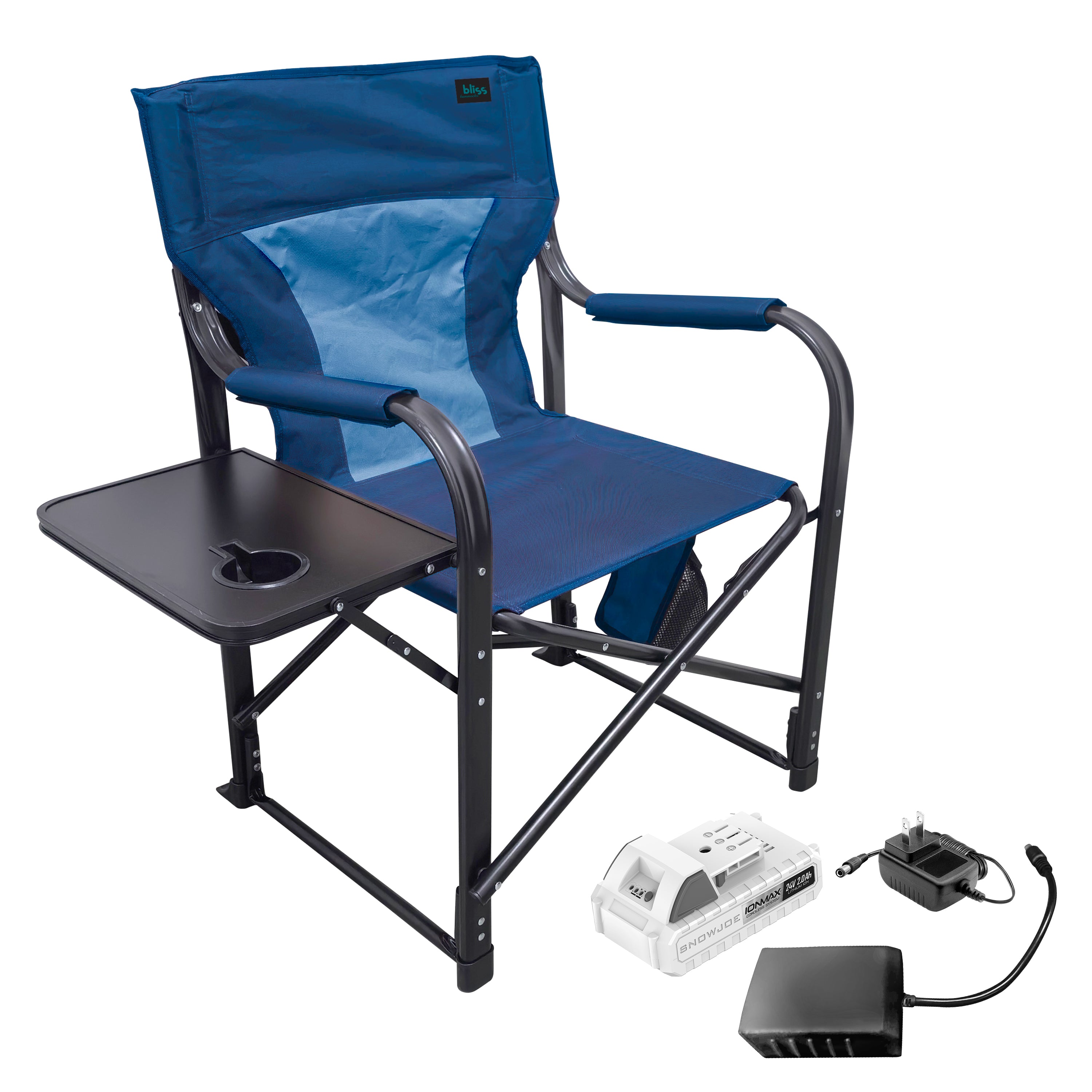 Bliss Hammocks BHC-24VH-BLU 24V Heated Directors Seat | 21-in Wide | 3 Temp Settings | 2.0-Ah Battery + Charger